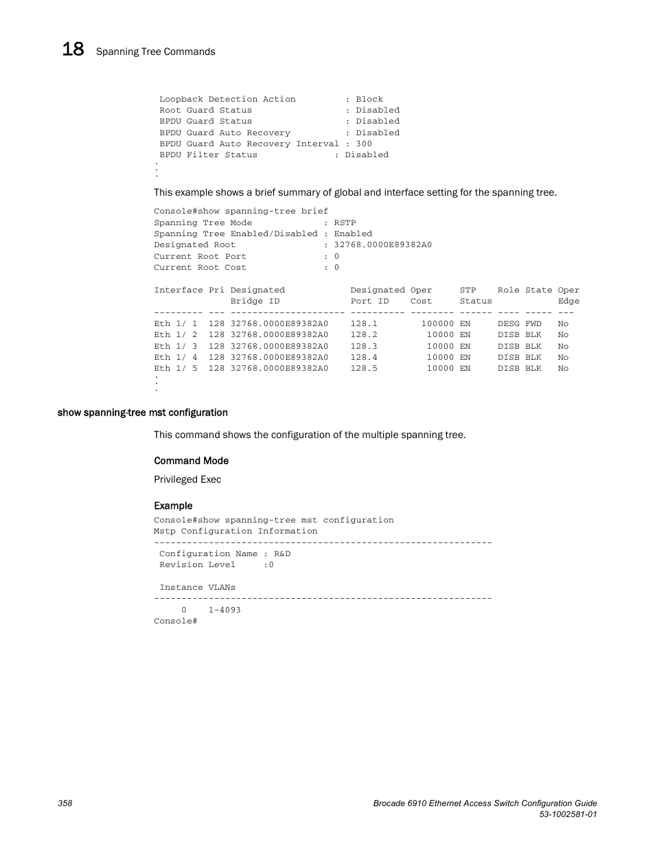 Show spanning-tree mst configuration | Brocade Communications Systems Brocate Ethernet Access Switch 6910 User Manual | Page 408 / 1200