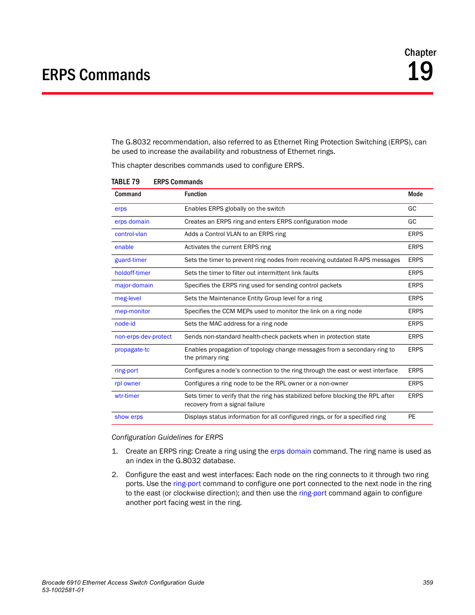 Erps commands, Chapter 19, Table 79 | Chapter | Brocade Communications Systems Brocate Ethernet Access Switch 6910 User Manual | Page 409 / 1200