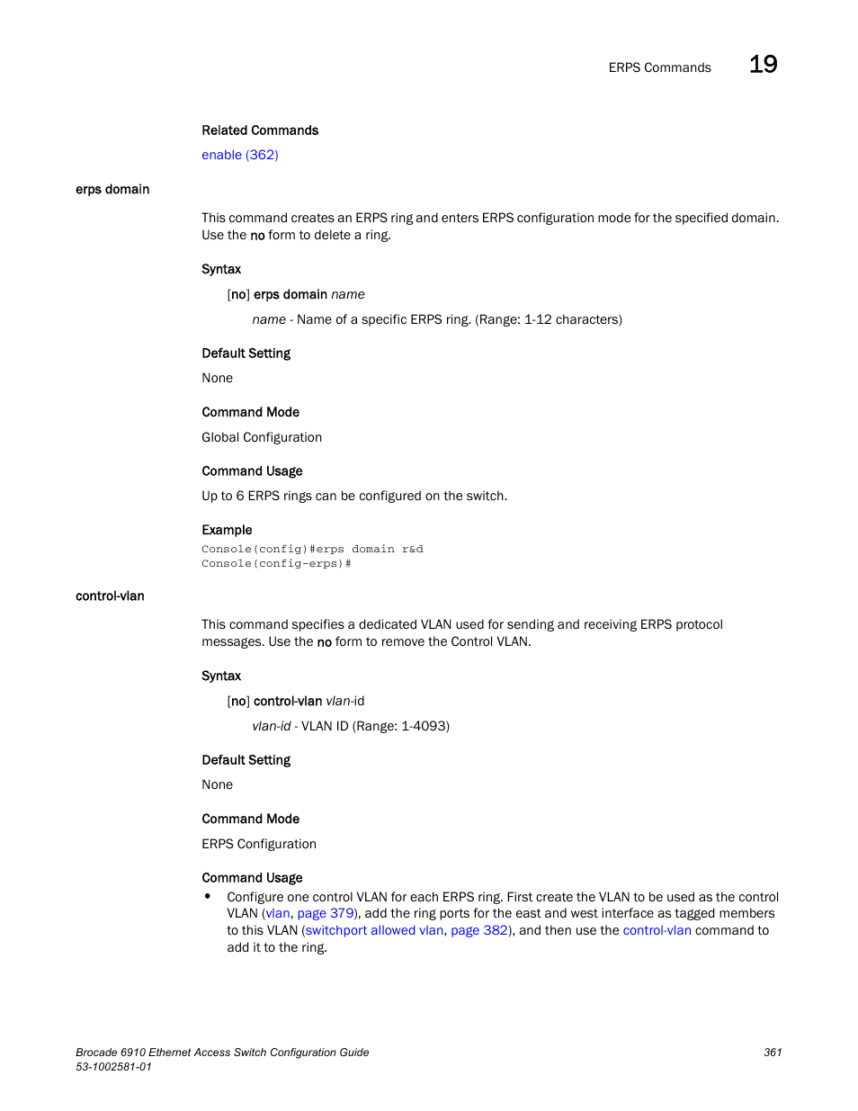 Erps domain, Control-vlan, Erps domain control-vlan | Brocade Communications Systems Brocate Ethernet Access Switch 6910 User Manual | Page 411 / 1200