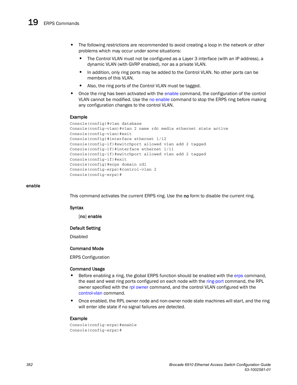 Enable, Enable (362) | Brocade Communications Systems Brocate Ethernet Access Switch 6910 User Manual | Page 412 / 1200