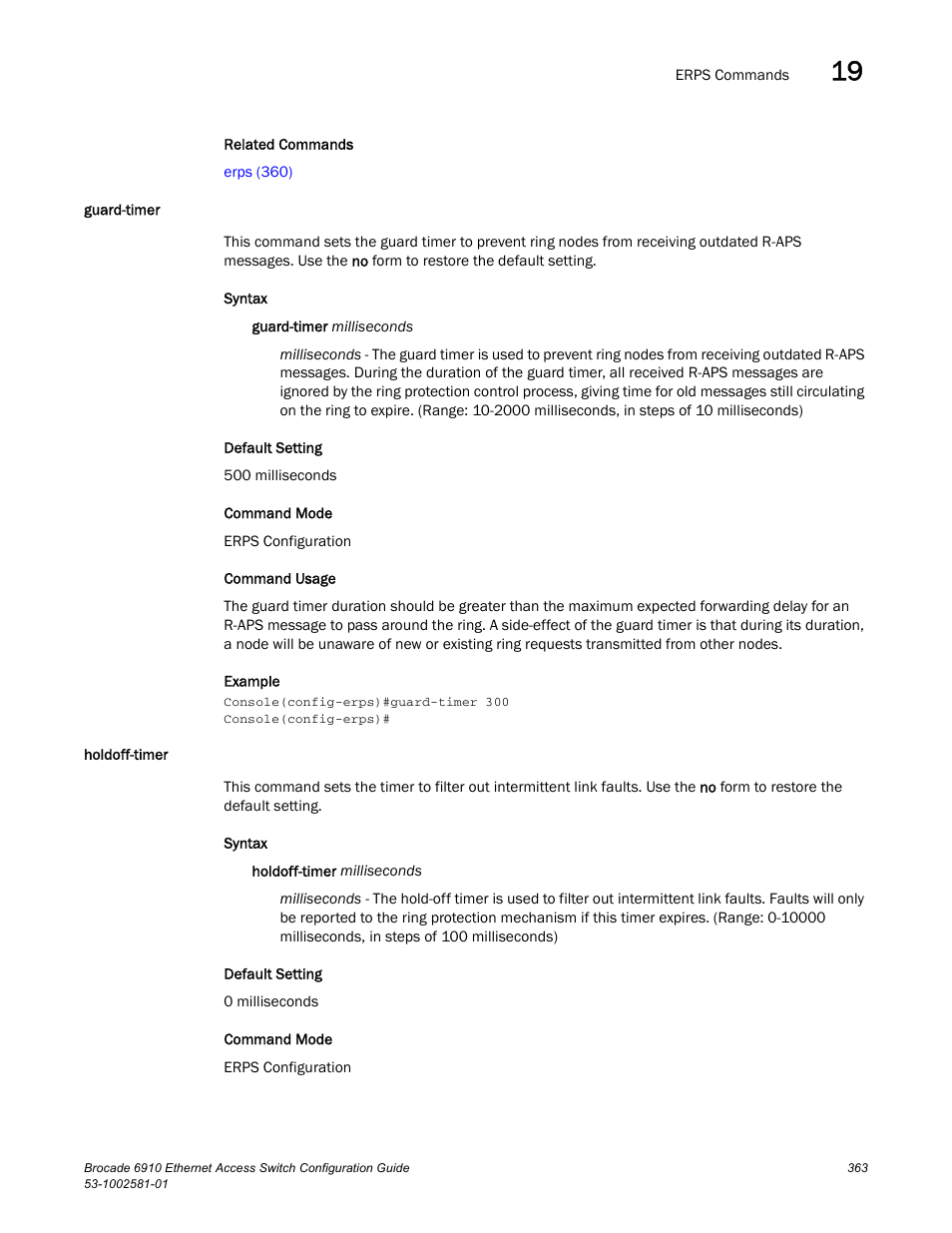 Guard-timer, Holdoff-timer, Guard-timer holdoff-timer | Brocade Communications Systems Brocate Ethernet Access Switch 6910 User Manual | Page 413 / 1200