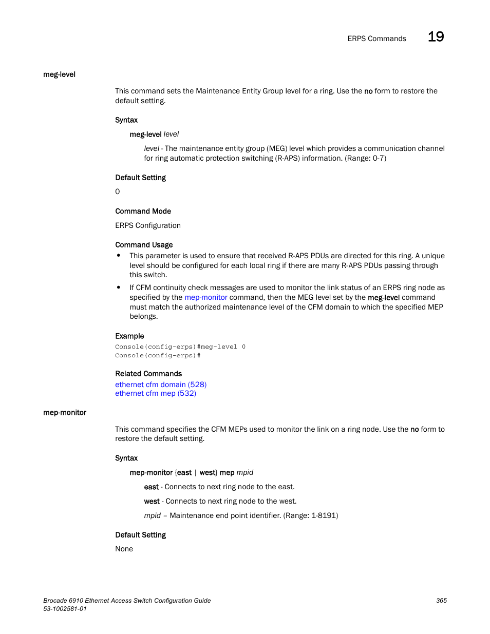Meg-level, Mep-monitor, Meg-level mep-monitor | Brocade Communications Systems Brocate Ethernet Access Switch 6910 User Manual | Page 415 / 1200