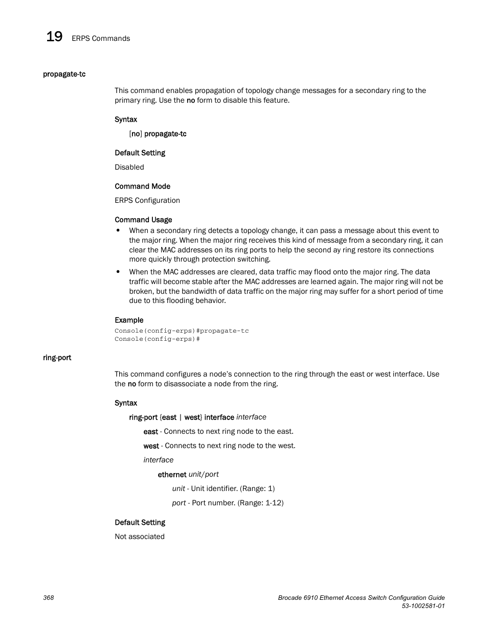 Propagate-tc, Ring-port, Propagate-tc ring-port | Brocade Communications Systems Brocate Ethernet Access Switch 6910 User Manual | Page 418 / 1200