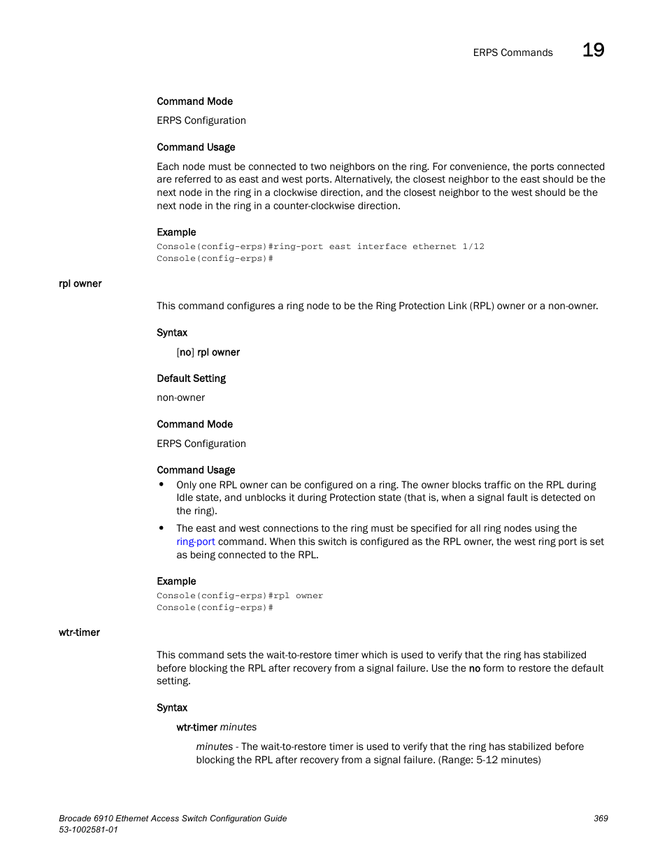 Rpl owner, Wtr-timer, Rpl owner wtr-timer | Brocade Communications Systems Brocate Ethernet Access Switch 6910 User Manual | Page 419 / 1200