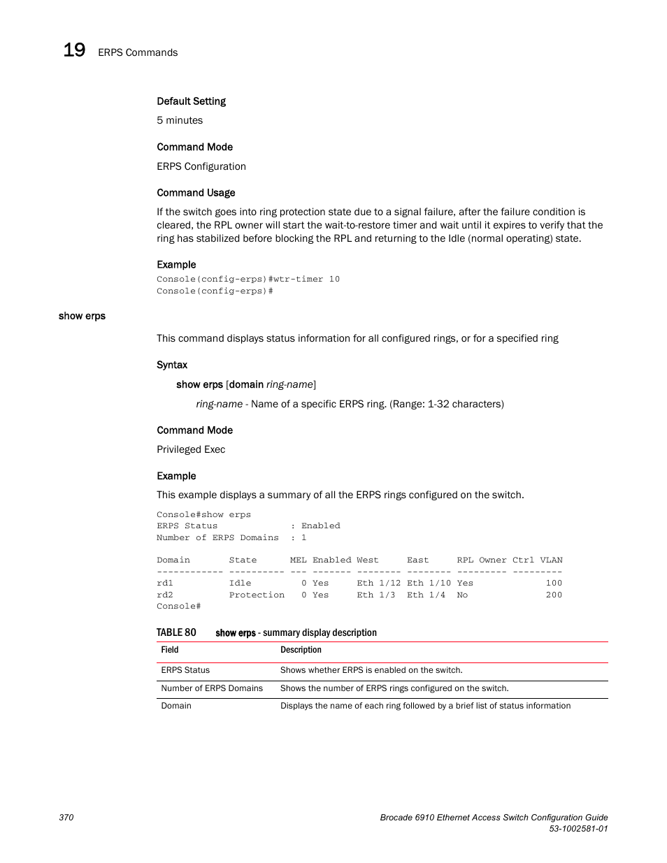Show erps, Table 80 | Brocade Communications Systems Brocate Ethernet Access Switch 6910 User Manual | Page 420 / 1200