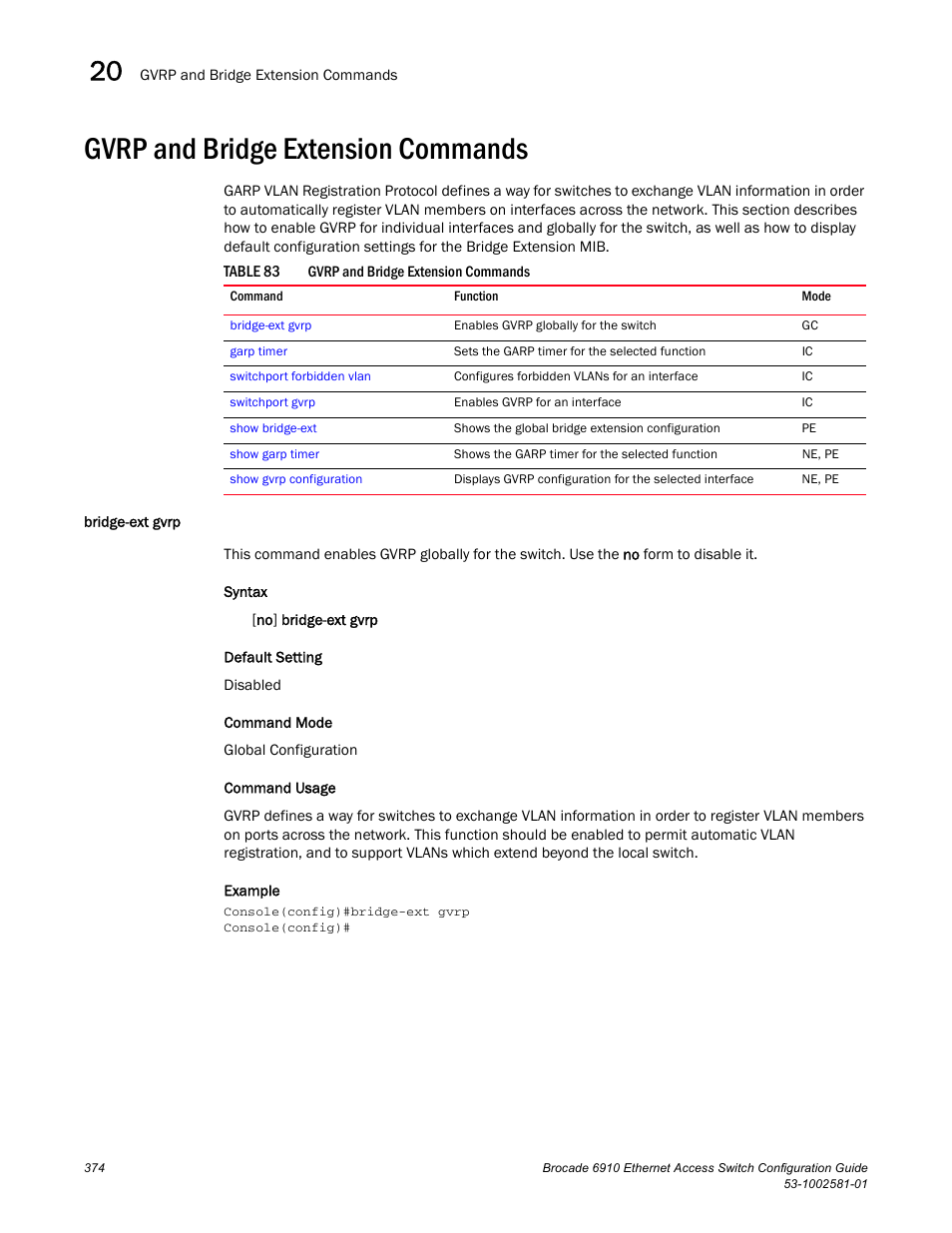 Gvrp and bridge extension commands, Bridge-ext gvrp, Table 83 | Brocade Communications Systems Brocate Ethernet Access Switch 6910 User Manual | Page 424 / 1200