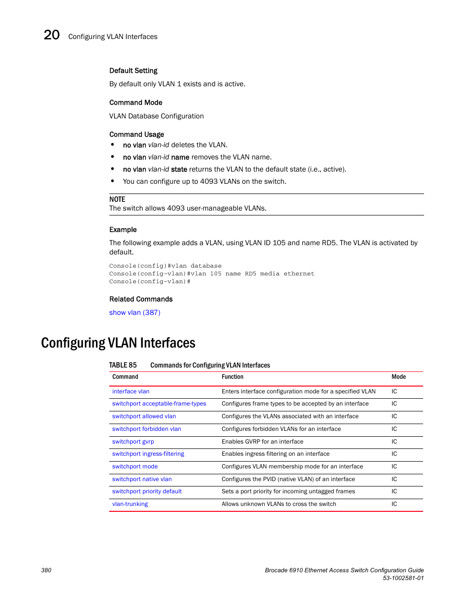 Configuring vlan interfaces, Table 85 | Brocade Communications Systems Brocate Ethernet Access Switch 6910 User Manual | Page 430 / 1200