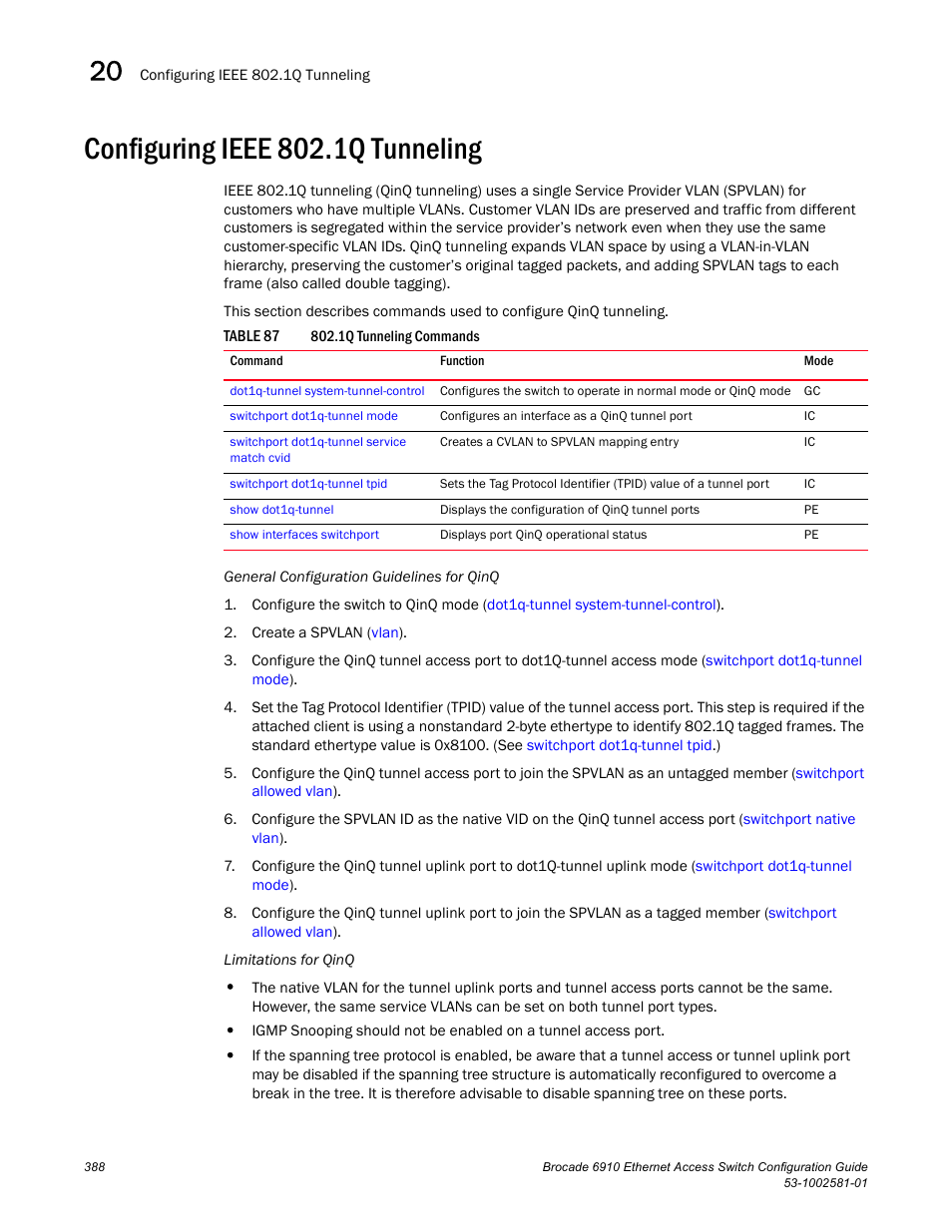 Configuring ieee 802.1q tunneling, Table 87 | Brocade Communications Systems Brocate Ethernet Access Switch 6910 User Manual | Page 438 / 1200