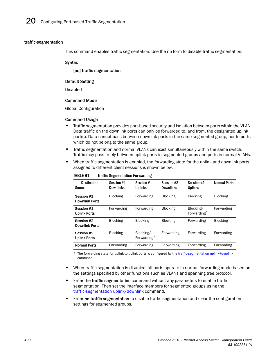 Traffic-segmentation, Table 91 | Brocade Communications Systems Brocate Ethernet Access Switch 6910 User Manual | Page 450 / 1200