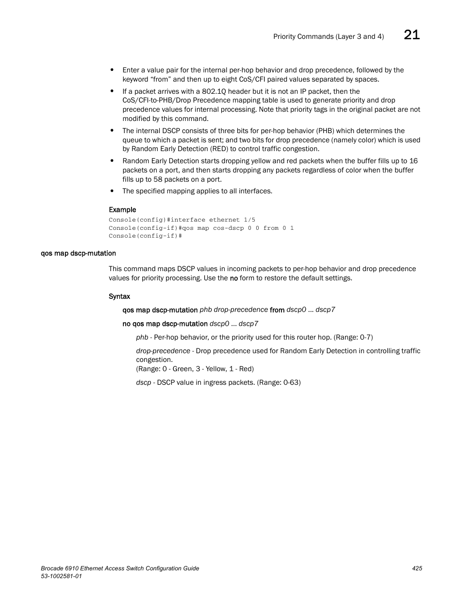 Qos map dscp-mutation | Brocade Communications Systems Brocate Ethernet Access Switch 6910 User Manual | Page 475 / 1200