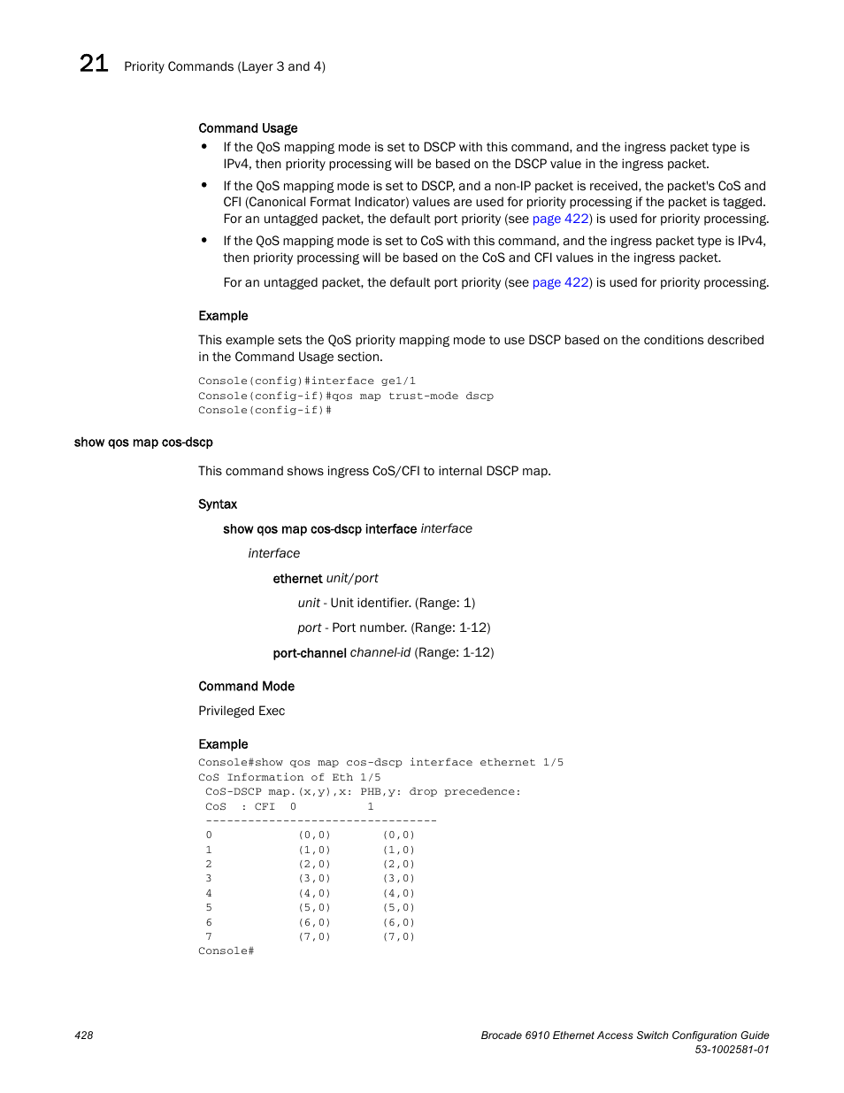 Show qos map cos-dscp | Brocade Communications Systems Brocate Ethernet Access Switch 6910 User Manual | Page 478 / 1200