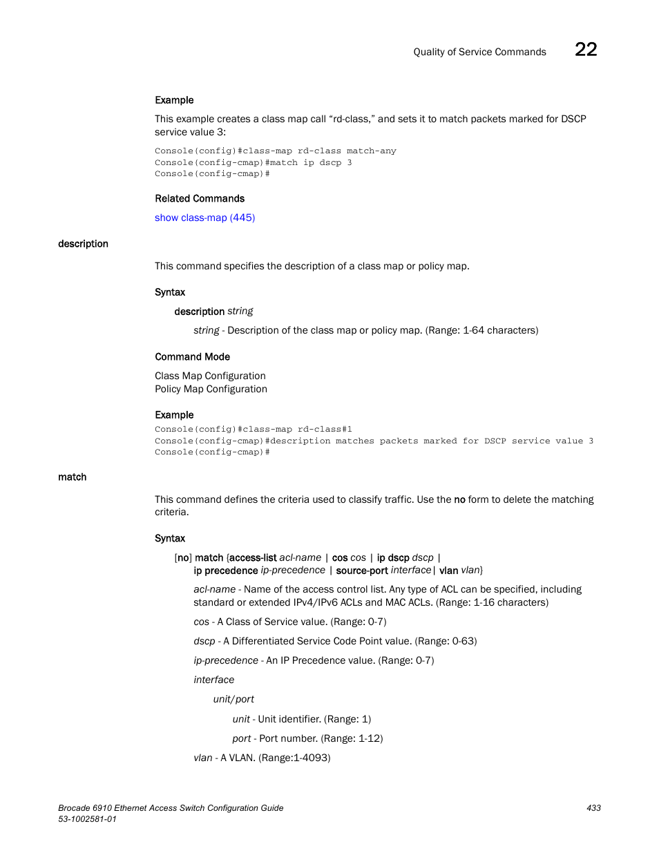 Description, Match, Description match | Command t | Brocade Communications Systems Brocate Ethernet Access Switch 6910 User Manual | Page 483 / 1200