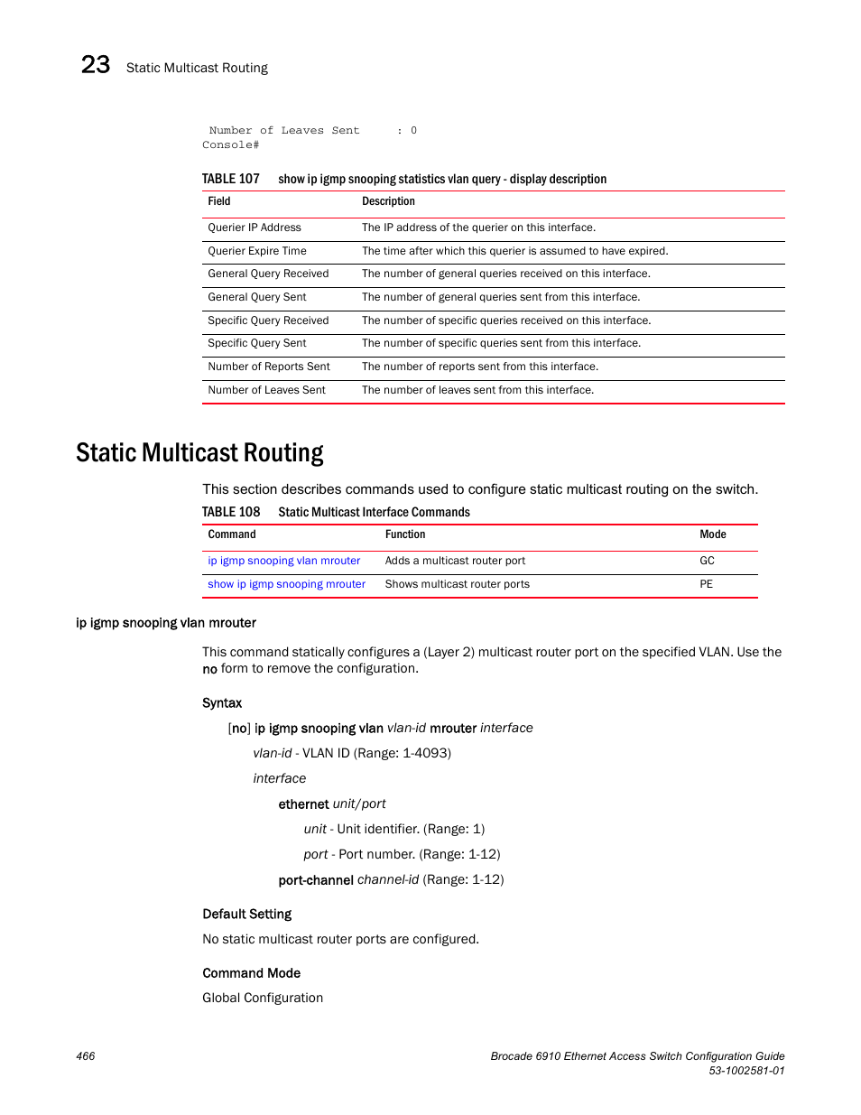 Static multicast routing, Ip igmp snooping vlan mrouter, Table 107 | Table 108 | Brocade Communications Systems Brocate Ethernet Access Switch 6910 User Manual | Page 516 / 1200