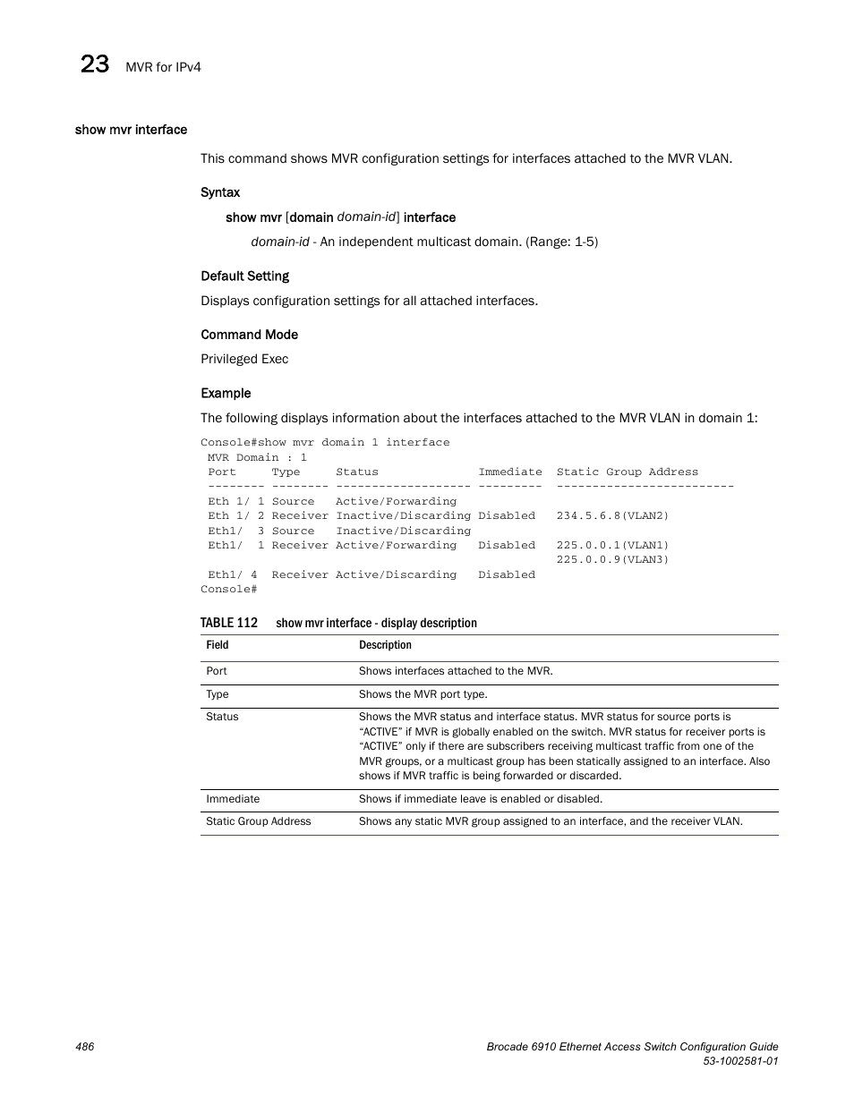 Show mvr interface, Table 112 | Brocade Communications Systems Brocate Ethernet Access Switch 6910 User Manual | Page 536 / 1200