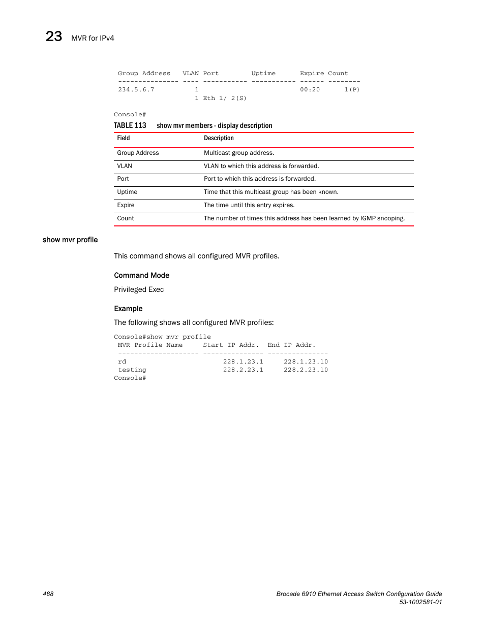 Show mvr profile, Table 113 | Brocade Communications Systems Brocate Ethernet Access Switch 6910 User Manual | Page 538 / 1200