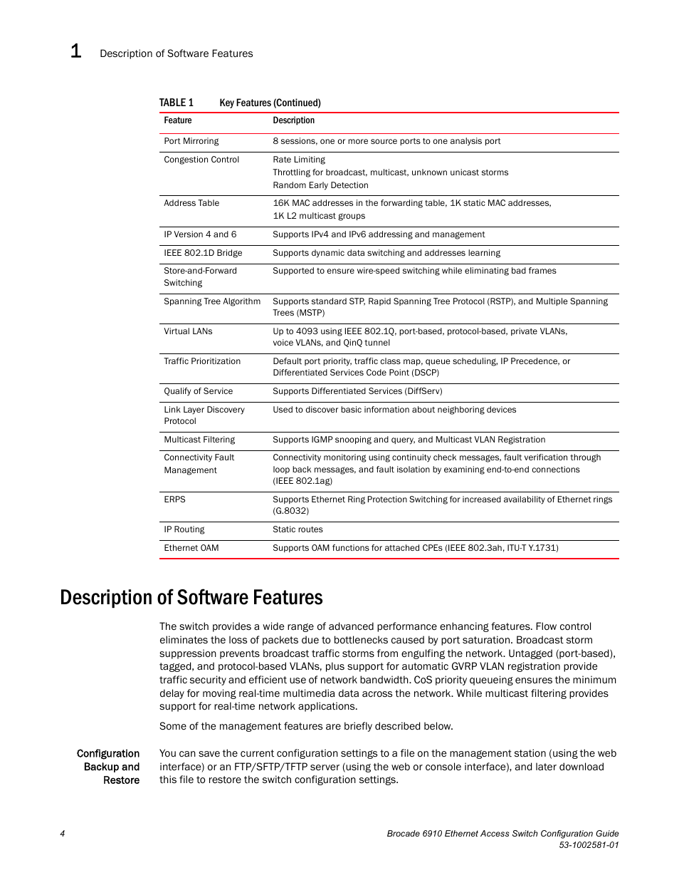 Description of software features | Brocade Communications Systems Brocate Ethernet Access Switch 6910 User Manual | Page 54 / 1200