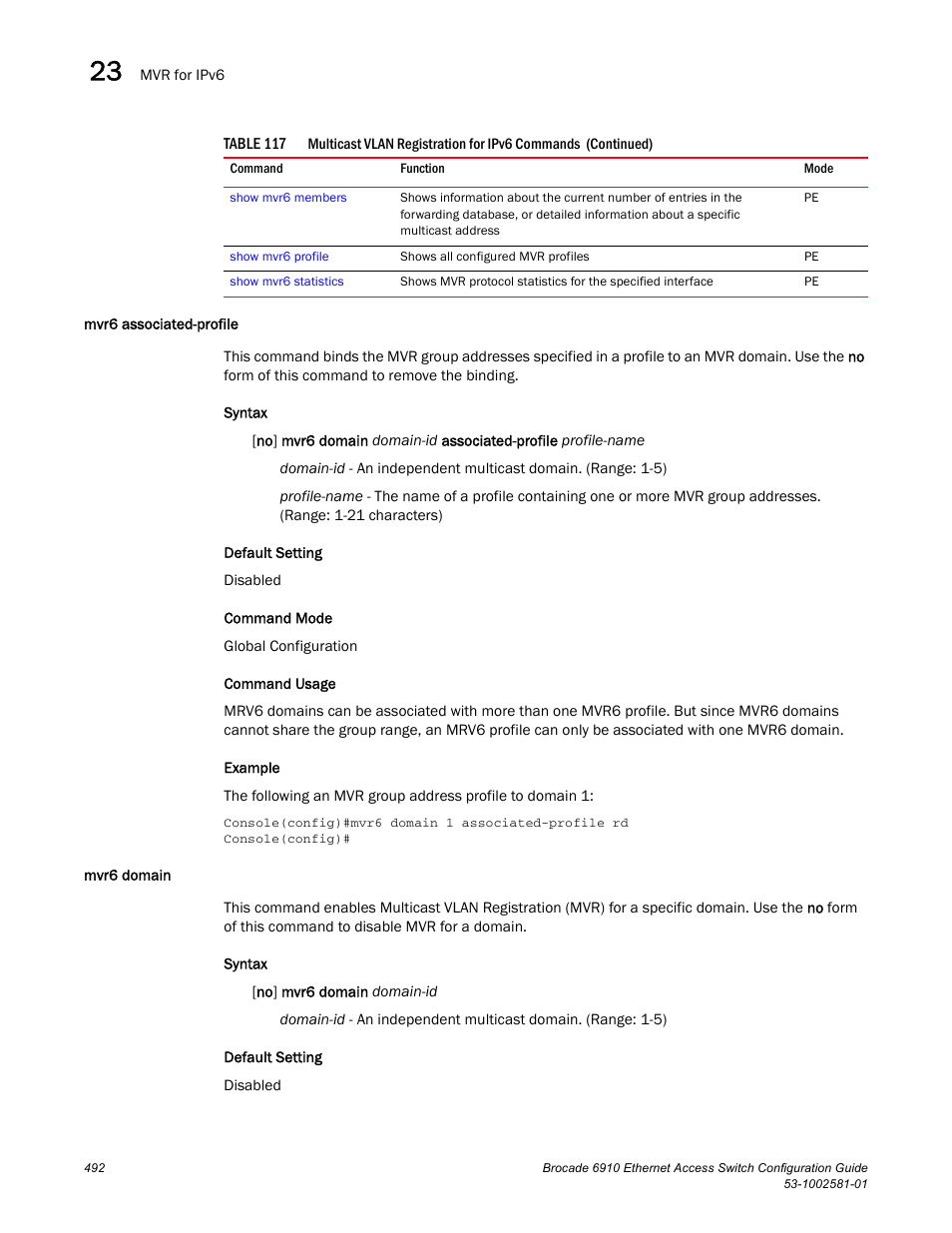 Mvr6 associated-profile, Mvr6 domain, Mvr6 associated-profile mvr6 domain | Brocade Communications Systems Brocate Ethernet Access Switch 6910 User Manual | Page 542 / 1200