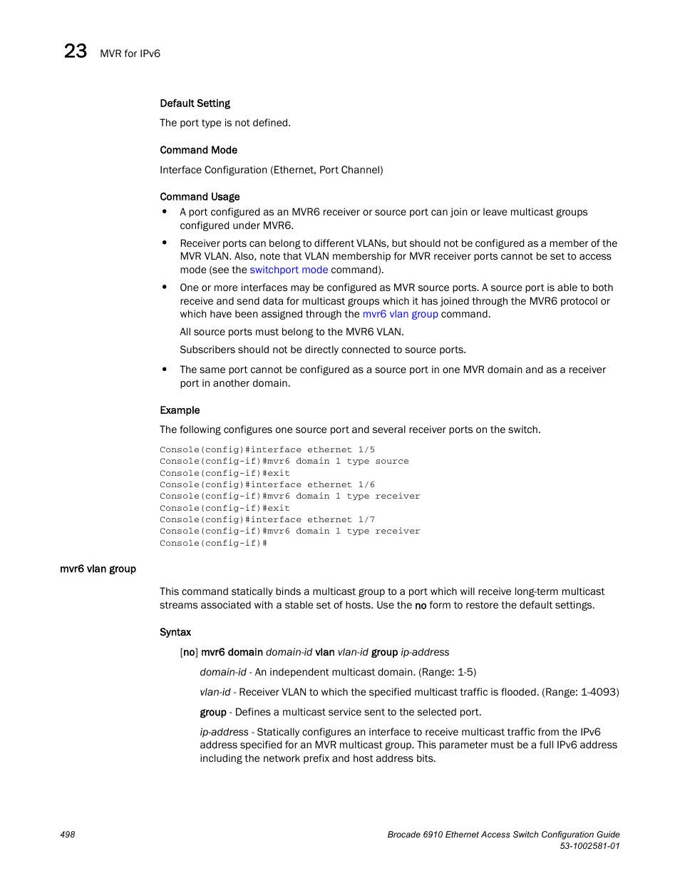 Mvr6 vlan group | Brocade Communications Systems Brocate Ethernet Access Switch 6910 User Manual | Page 548 / 1200