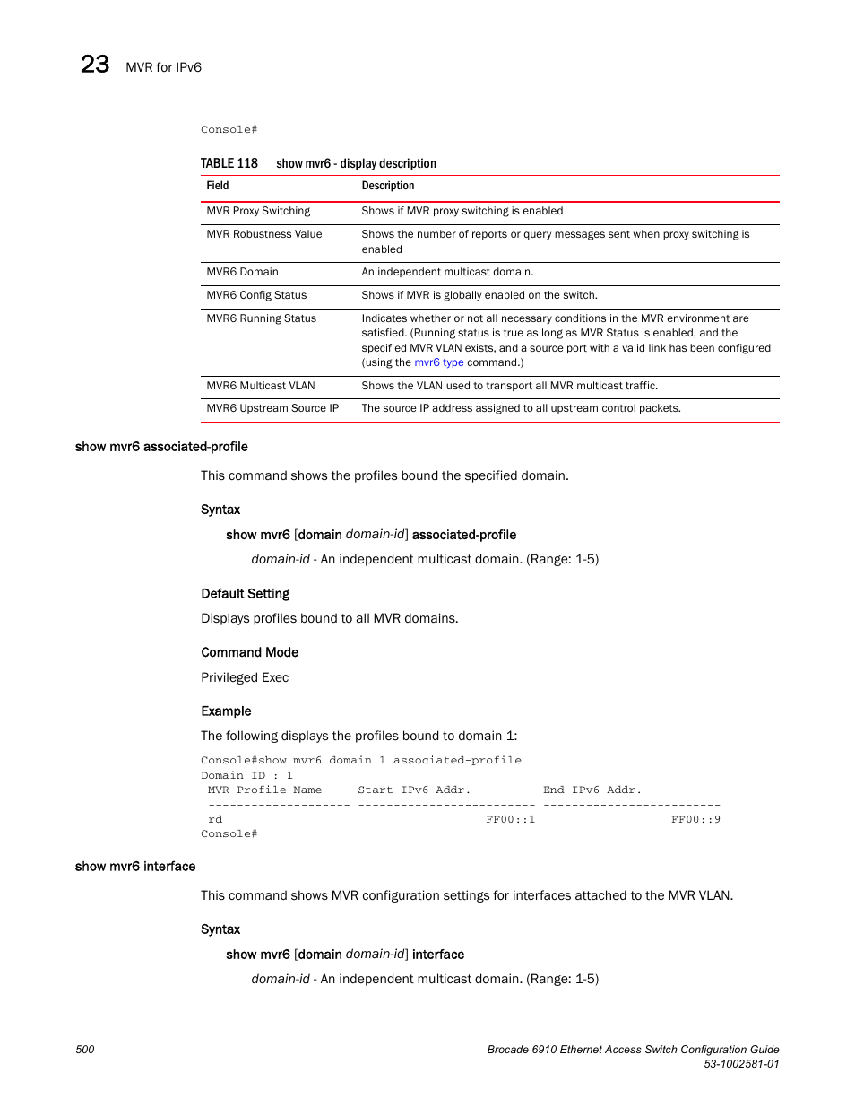 Show mvr6 associated-profile, Show mvr6 interface, Show mvr6 associated-profile show mvr6 interface | Table 118 | Brocade Communications Systems Brocate Ethernet Access Switch 6910 User Manual | Page 550 / 1200