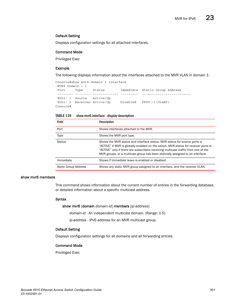 Show mvr6 members, Table 119 | Brocade Communications Systems Brocate Ethernet Access Switch 6910 User Manual | Page 551 / 1200
