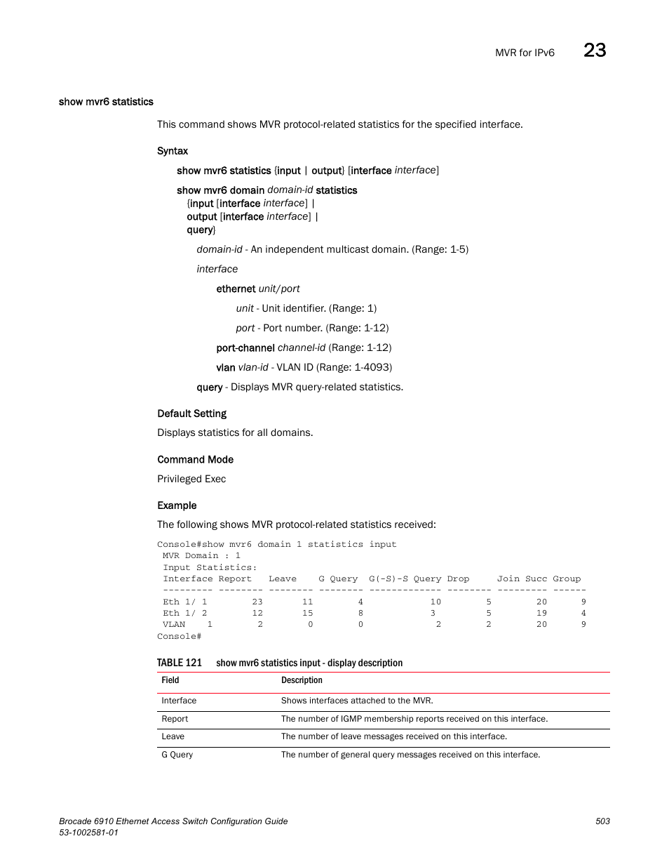 Show mvr6 statistics, Table 121 | Brocade Communications Systems Brocate Ethernet Access Switch 6910 User Manual | Page 553 / 1200