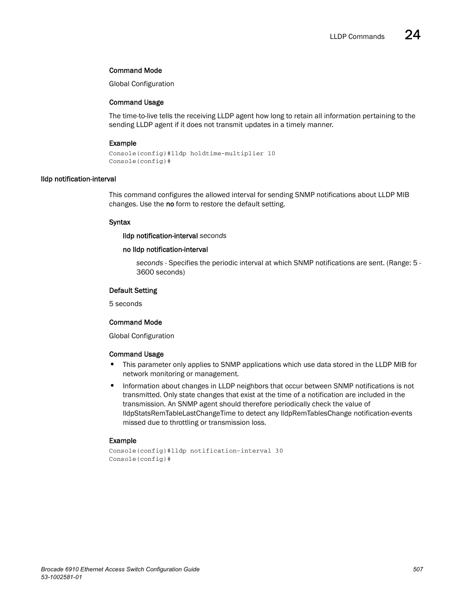 Lldp notification-interval | Brocade Communications Systems Brocate Ethernet Access Switch 6910 User Manual | Page 557 / 1200