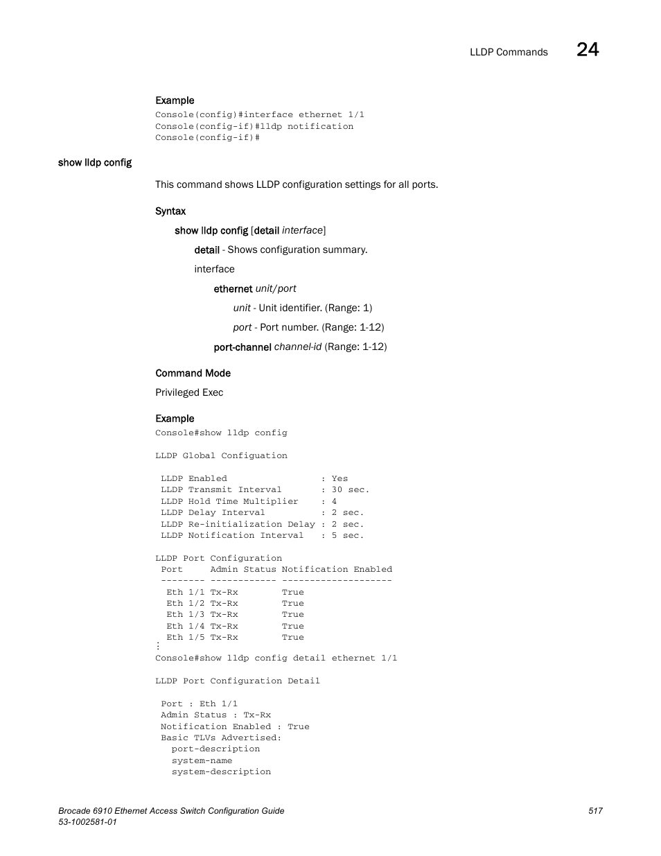 Show lldp config | Brocade Communications Systems Brocate Ethernet Access Switch 6910 User Manual | Page 567 / 1200