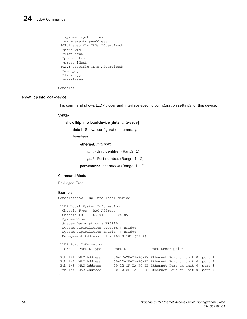 Show lldp info local-device | Brocade Communications Systems Brocate Ethernet Access Switch 6910 User Manual | Page 568 / 1200