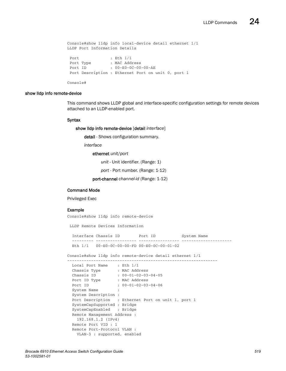 Show lldp info remote-device | Brocade Communications Systems Brocate Ethernet Access Switch 6910 User Manual | Page 569 / 1200