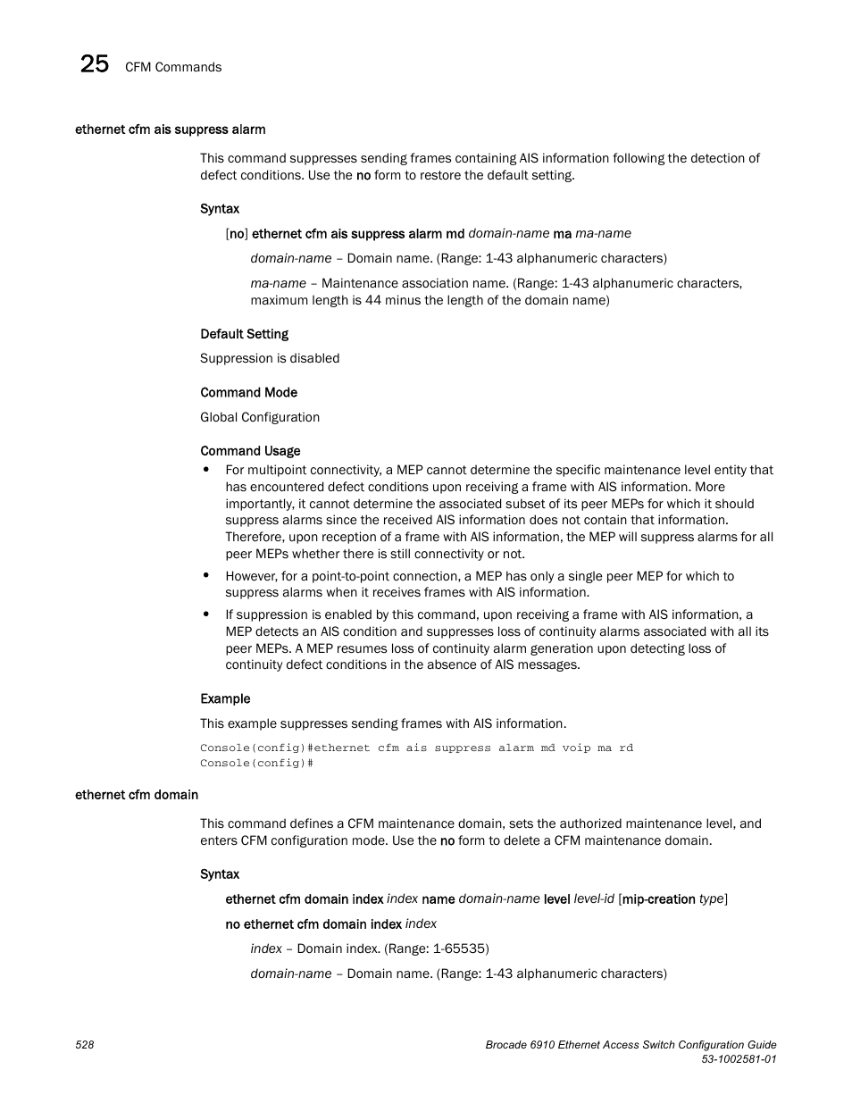 Ethernet cfm ais suppress alarm, Ethernet cfm domain, Ethernet cfm domain (528) | Brocade Communications Systems Brocate Ethernet Access Switch 6910 User Manual | Page 578 / 1200