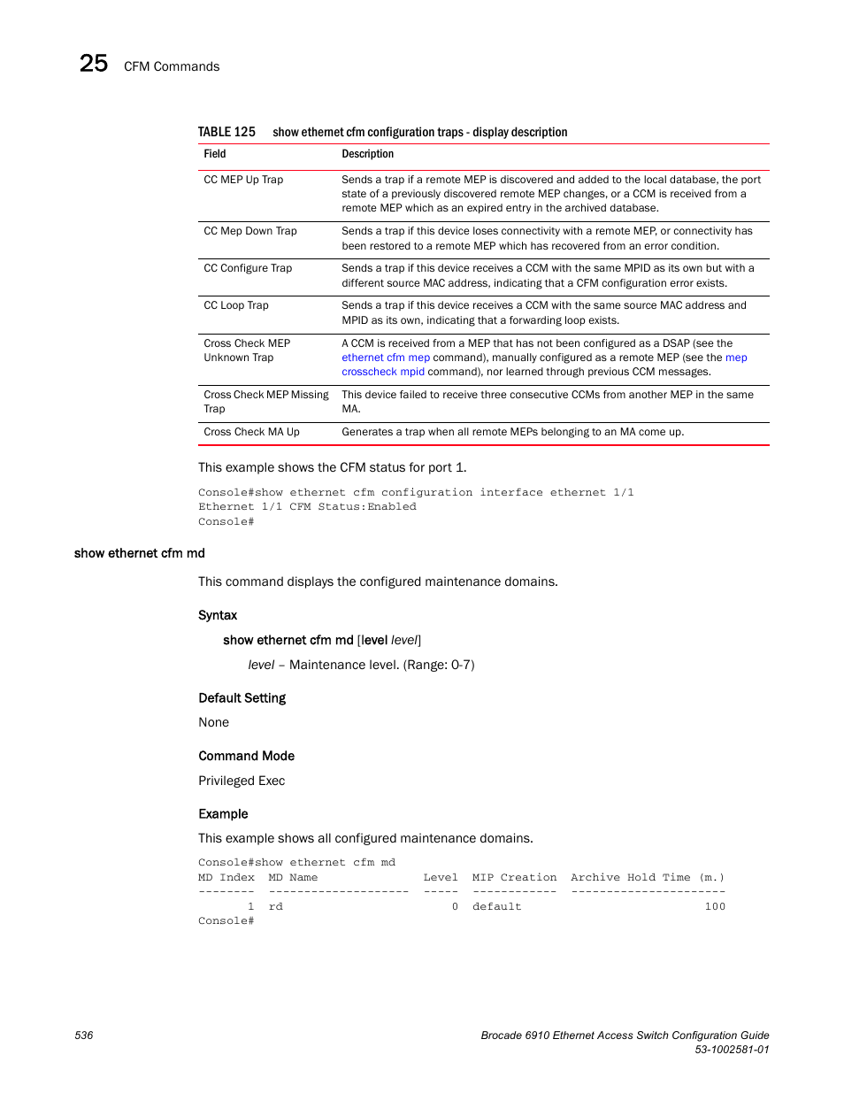 Show ethernet cfm md, Table 125 | Brocade Communications Systems Brocate Ethernet Access Switch 6910 User Manual | Page 586 / 1200