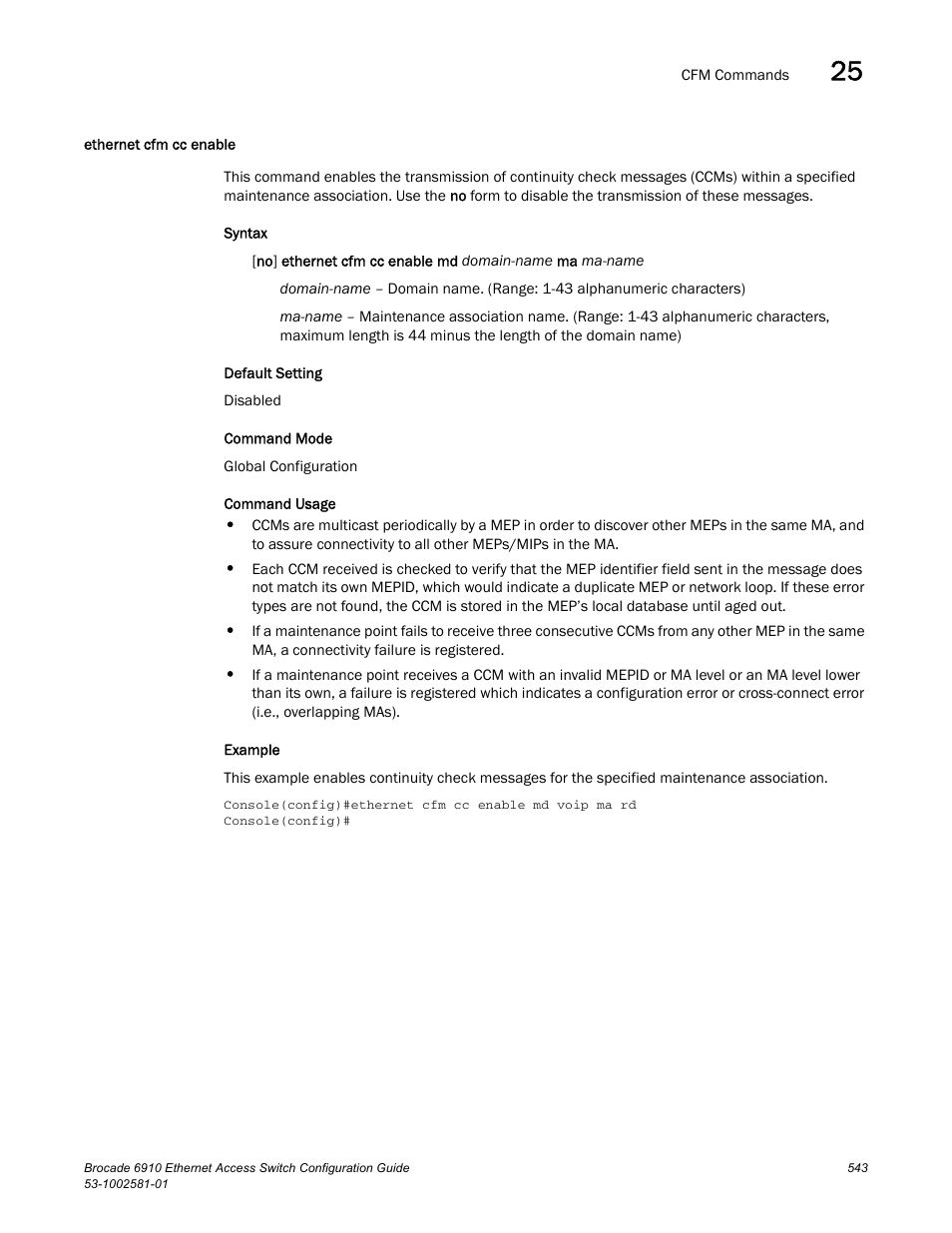 Ethernet cfm cc enable | Brocade Communications Systems Brocate Ethernet Access Switch 6910 User Manual | Page 593 / 1200