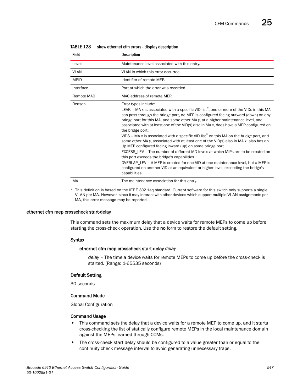 Ethernet cfm mep crosscheck start-delay, Table 128 | Brocade Communications Systems Brocate Ethernet Access Switch 6910 User Manual | Page 597 / 1200