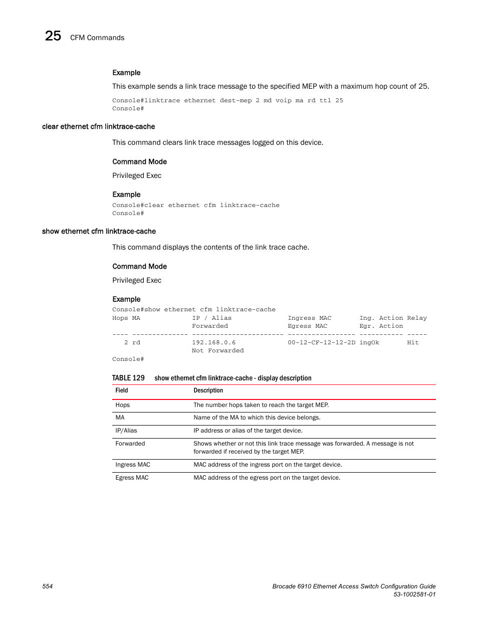 Clear ethernet cfm linktrace-cache, Show ethernet cfm linktrace-cache, Table 129 | Clear ethernet, Cfm linktrace-cache | Brocade Communications Systems Brocate Ethernet Access Switch 6910 User Manual | Page 604 / 1200