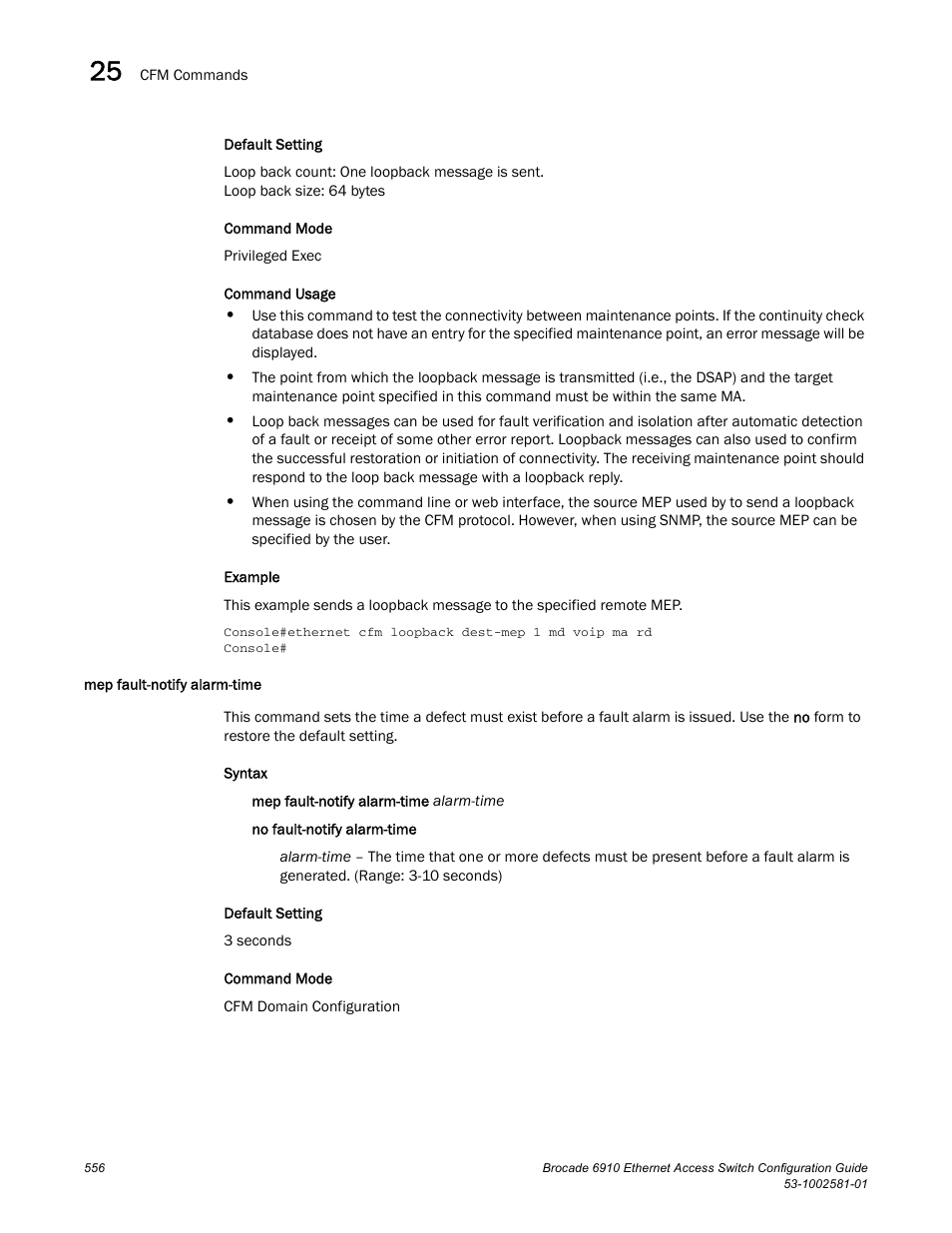 Mep fault-notify alarm-time | Brocade Communications Systems Brocate Ethernet Access Switch 6910 User Manual | Page 606 / 1200