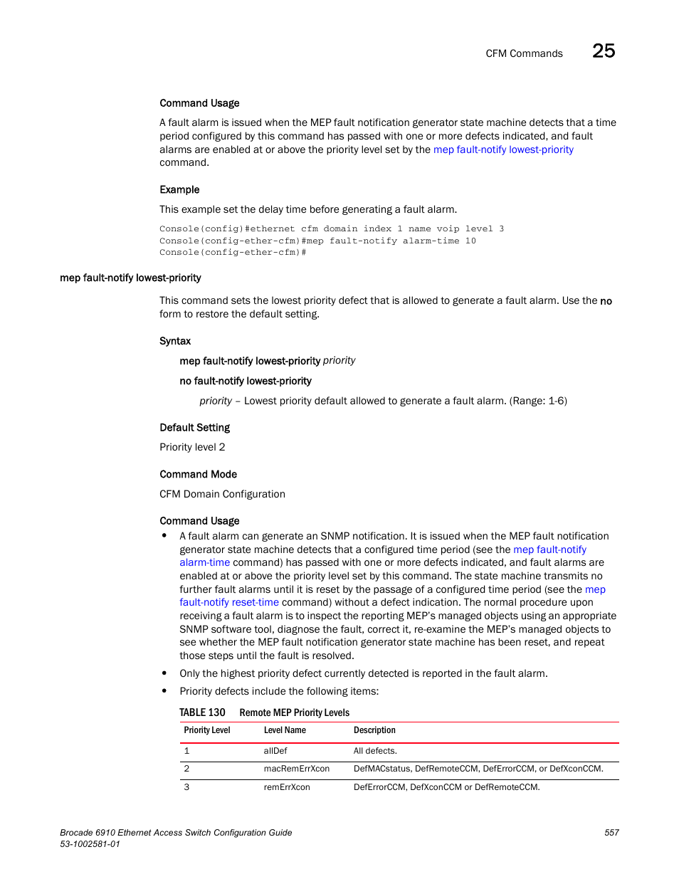 Mep fault-notify lowest-priority, Table 130 | Brocade Communications Systems Brocate Ethernet Access Switch 6910 User Manual | Page 607 / 1200