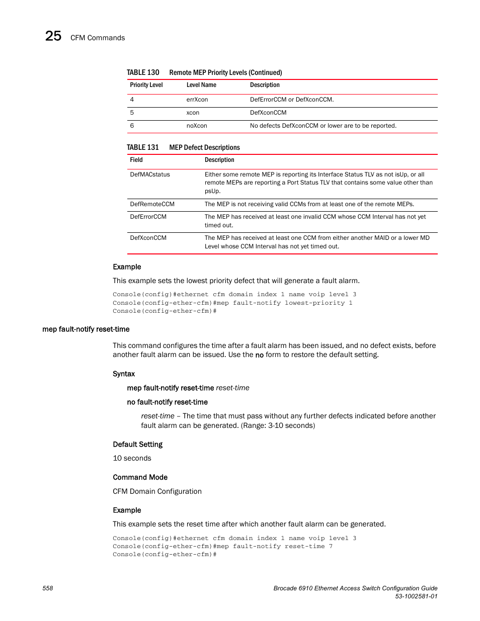 Mep fault-notify reset-time, Table 131, Fault-notify reset-time | Brocade Communications Systems Brocate Ethernet Access Switch 6910 User Manual | Page 608 / 1200