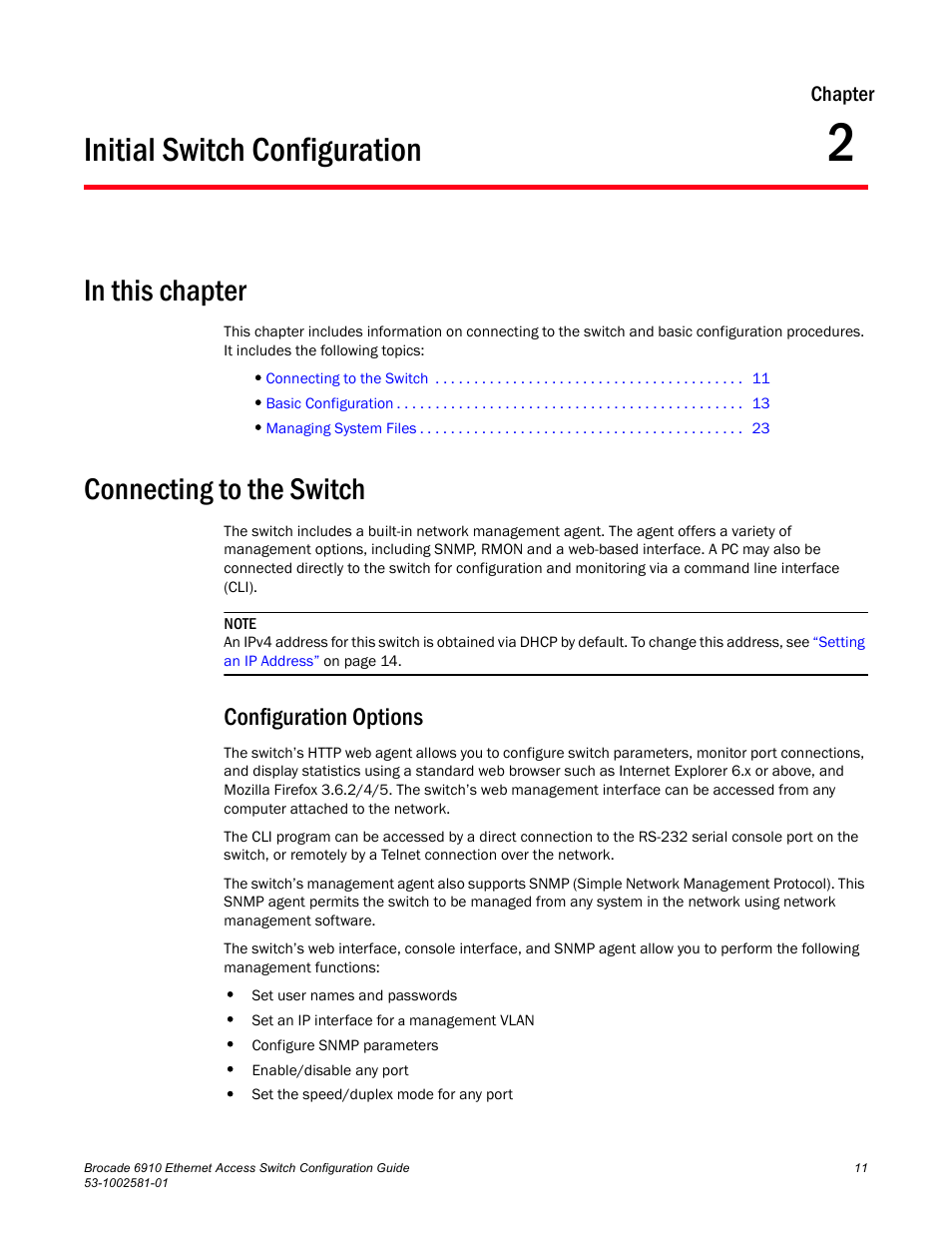 Initial switch configuration, In this chapter, Connecting to the switch | Configuration options, Chapter 2 | Brocade Communications Systems Brocate Ethernet Access Switch 6910 User Manual | Page 61 / 1200