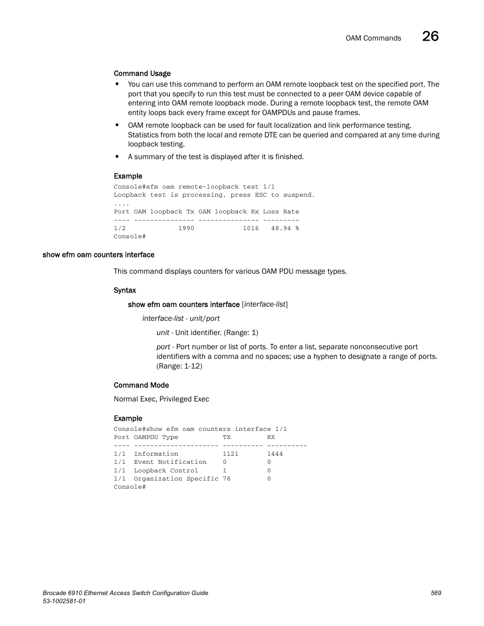 Show efm oam counters interface | Brocade Communications Systems Brocate Ethernet Access Switch 6910 User Manual | Page 619 / 1200