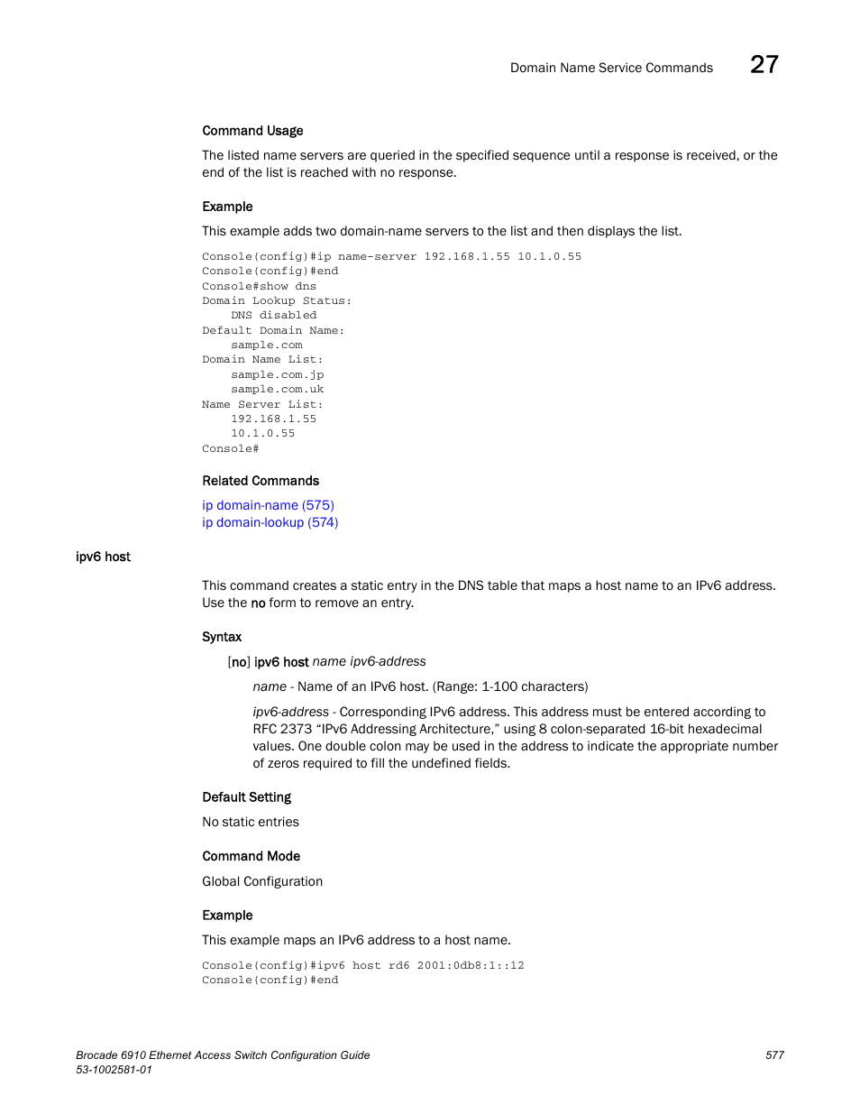 Ipv6 host | Brocade Communications Systems Brocate Ethernet Access Switch 6910 User Manual | Page 627 / 1200