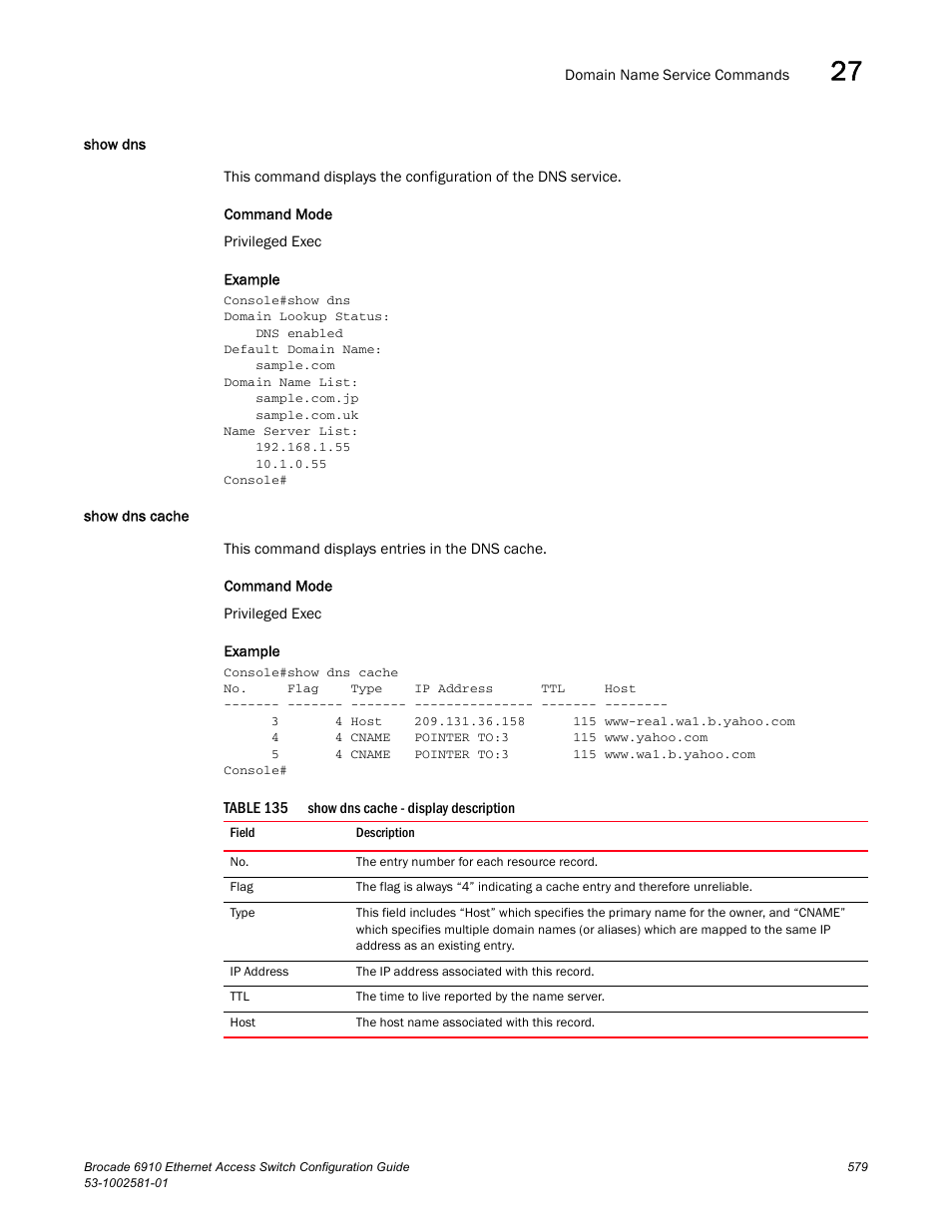 Show dns, Show dns cache, Show dns show dns cache | Table 135 | Brocade Communications Systems Brocate Ethernet Access Switch 6910 User Manual | Page 629 / 1200