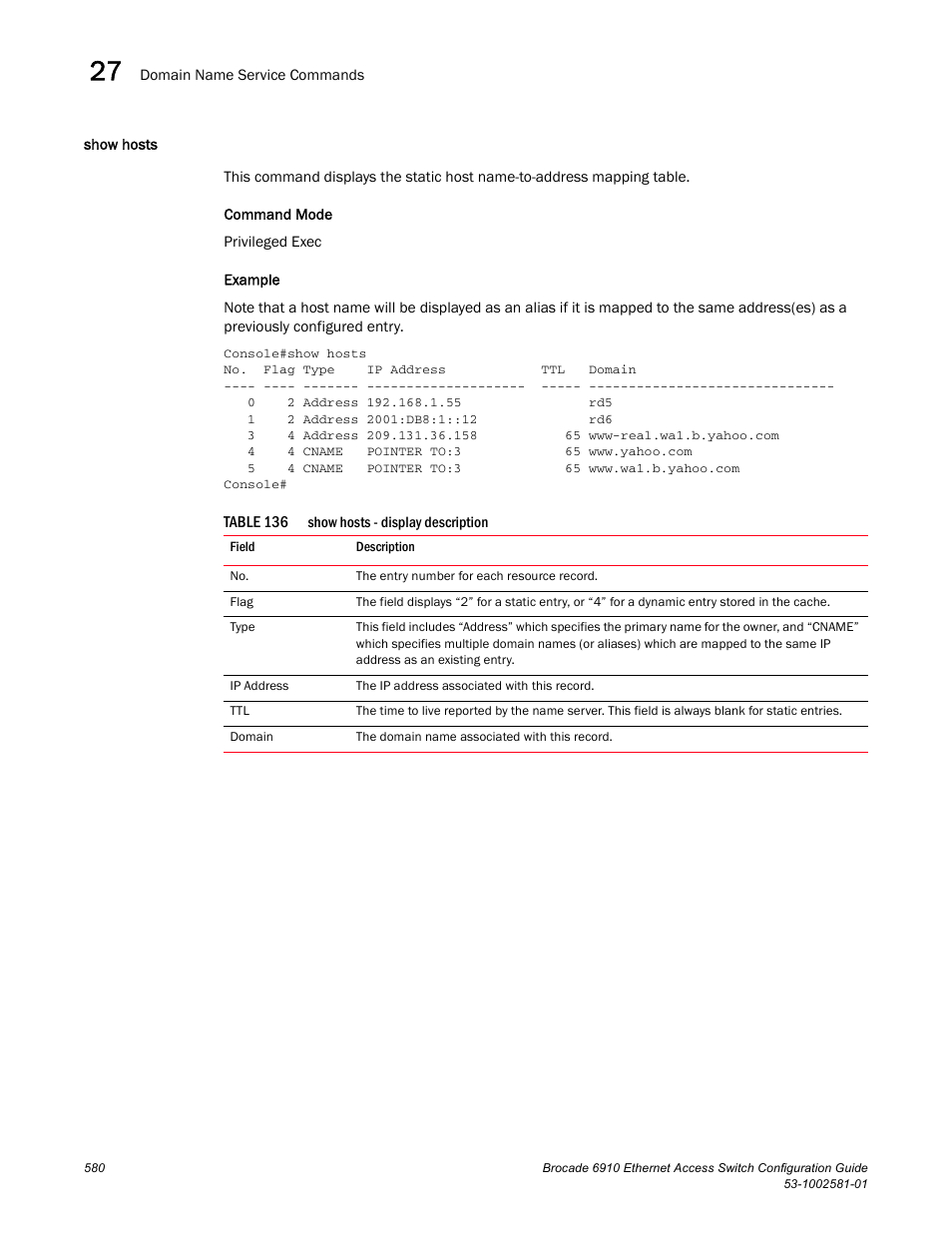 Show hosts, Table 136 | Brocade Communications Systems Brocate Ethernet Access Switch 6910 User Manual | Page 630 / 1200