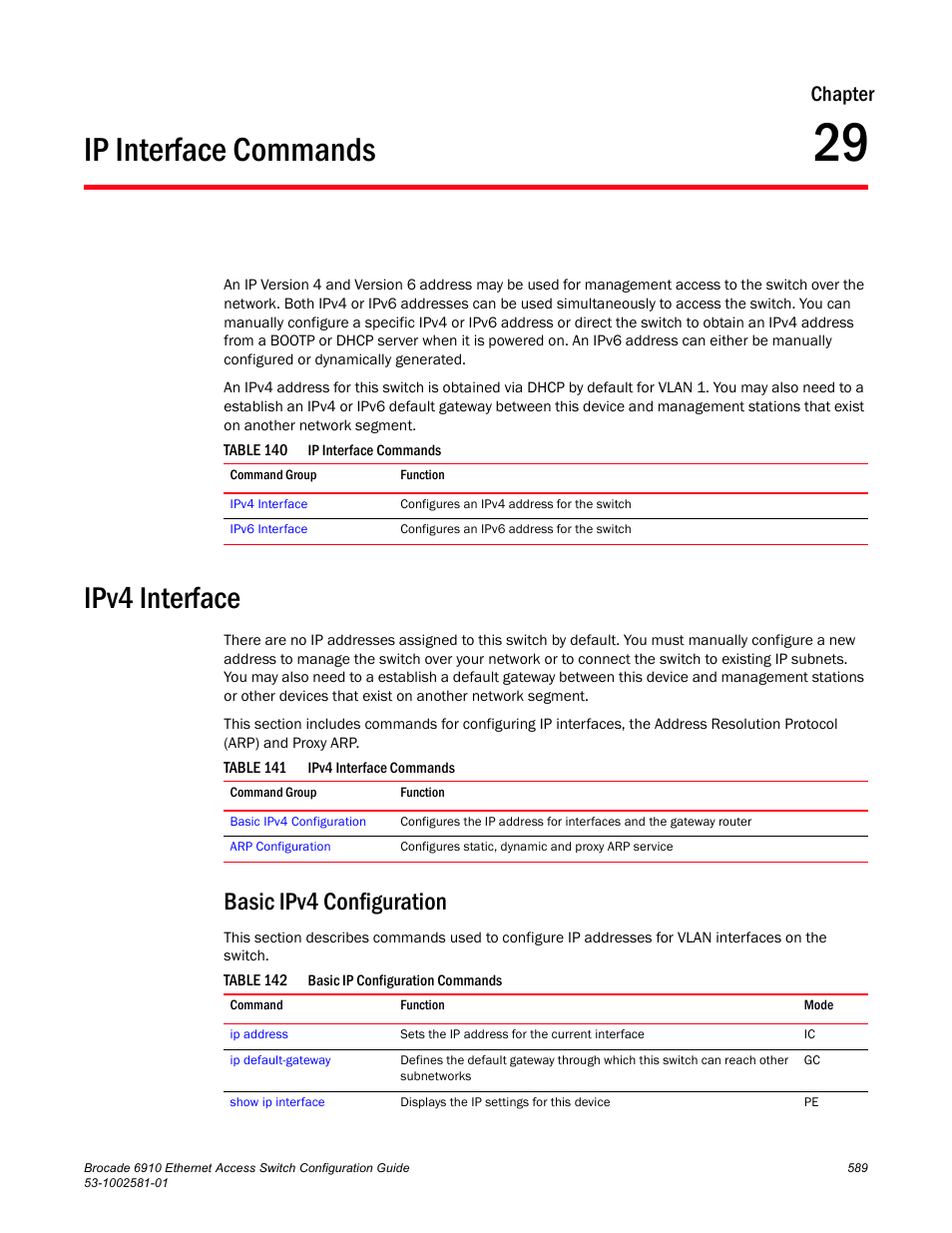 Ip interface commands, Ipv4 interface, Basic ipv4 configuration | Chapter 29, Table 140, Table 141, Table 142, Chapter | Brocade Communications Systems Brocate Ethernet Access Switch 6910 User Manual | Page 639 / 1200