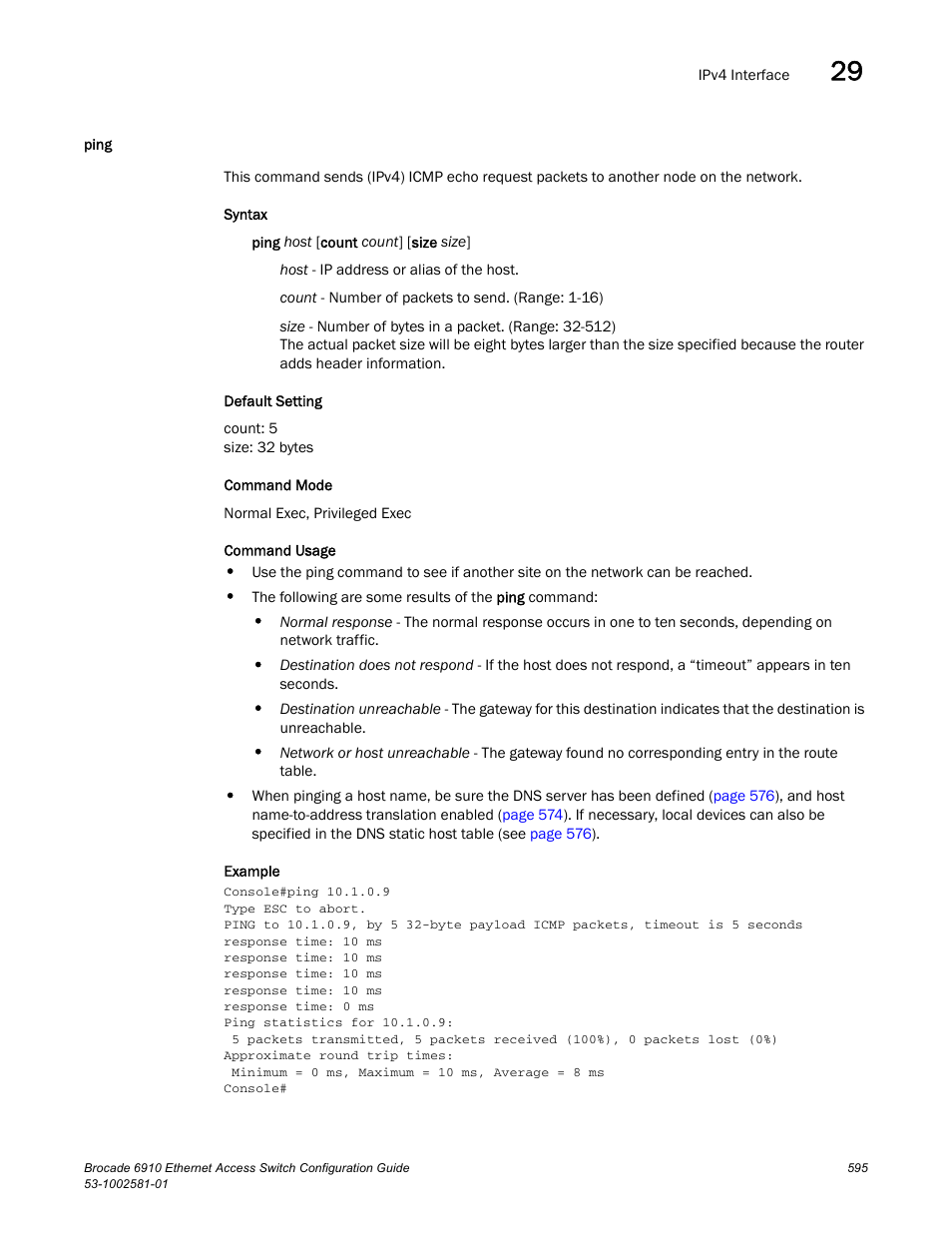Ping | Brocade Communications Systems Brocate Ethernet Access Switch 6910 User Manual | Page 645 / 1200