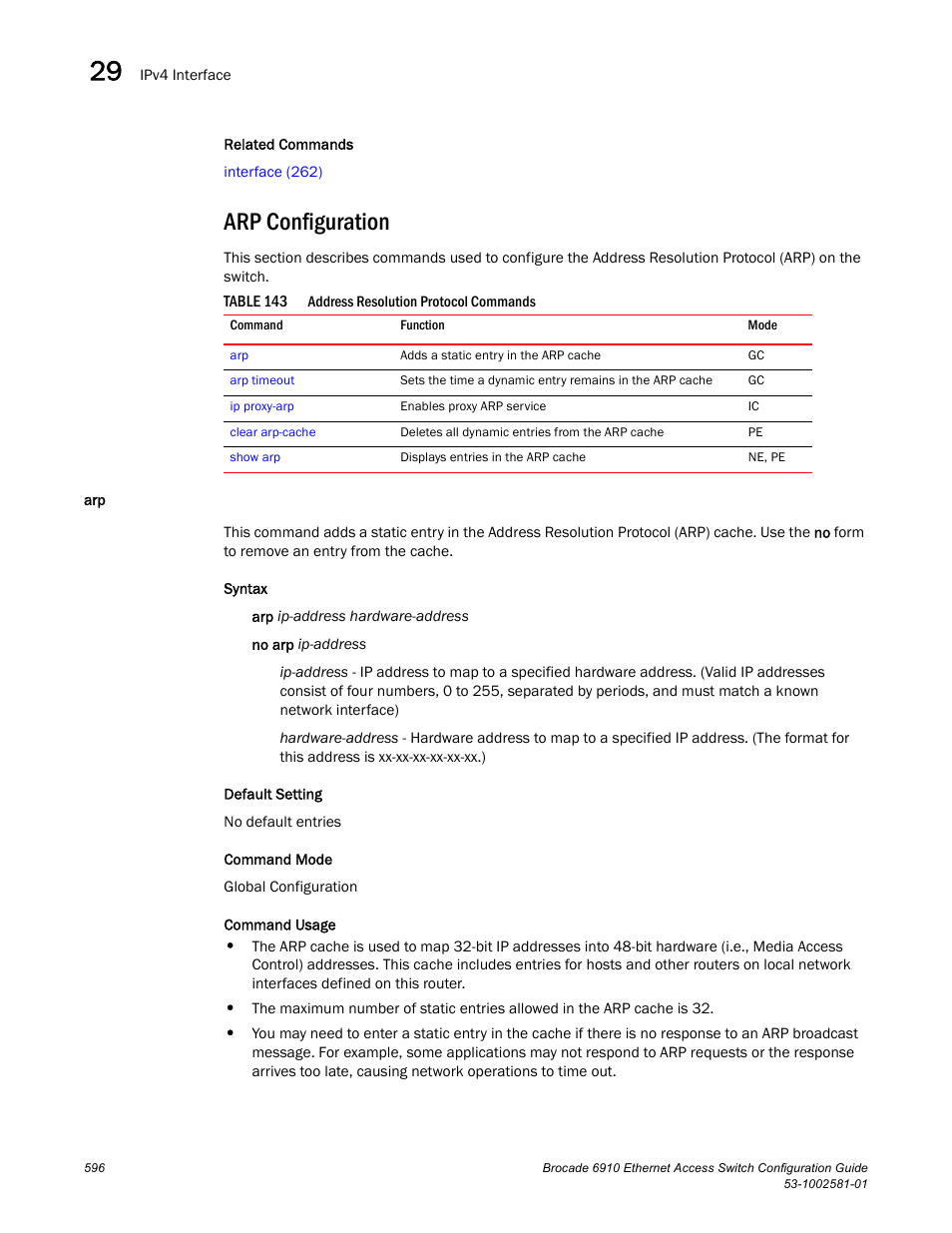 Arp configuration, Table 143 | Brocade Communications Systems Brocate Ethernet Access Switch 6910 User Manual | Page 646 / 1200
