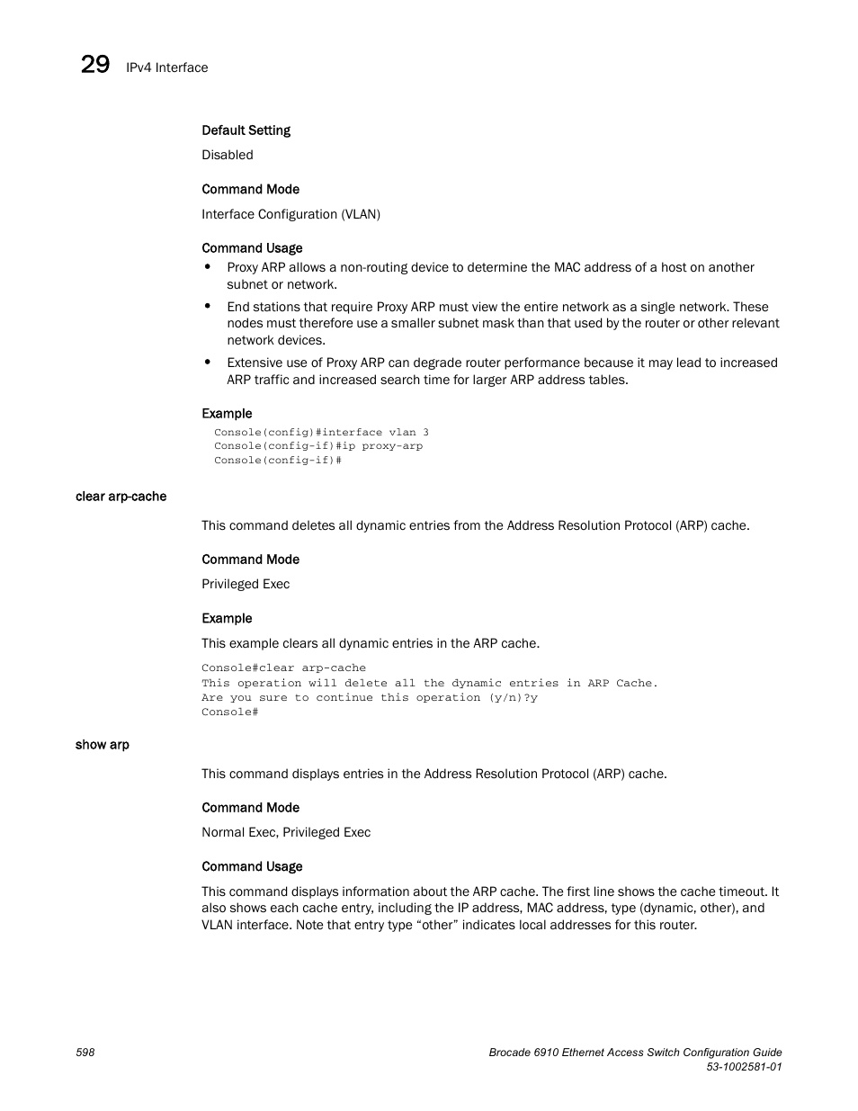 Clear arp-cache, Show arp, Clear arp-cache show arp | Brocade Communications Systems Brocate Ethernet Access Switch 6910 User Manual | Page 648 / 1200