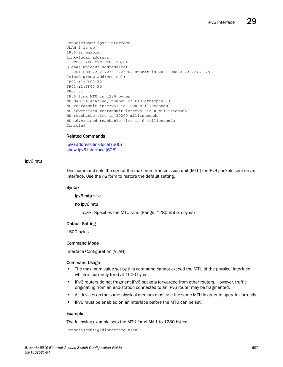 Ipv6 mtu | Brocade Communications Systems Brocate Ethernet Access Switch 6910 User Manual | Page 657 / 1200