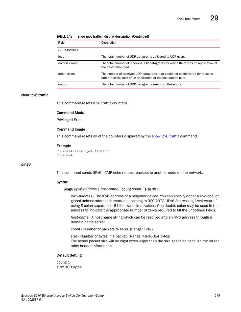 Clear ipv6 traffic, Ping6, Clear ipv6 traffic ping6 | Brocade Communications Systems Brocate Ethernet Access Switch 6910 User Manual | Page 665 / 1200