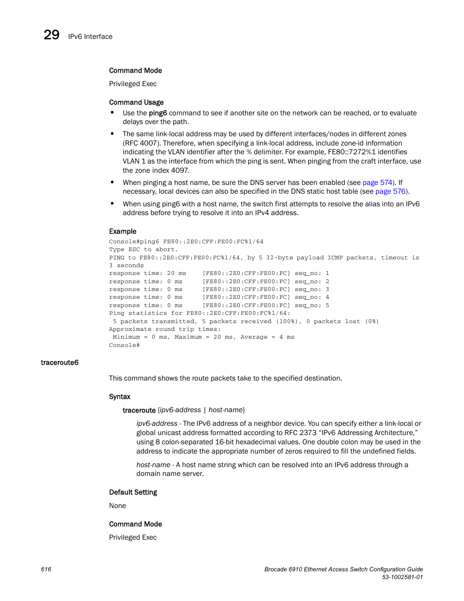 Traceroute6 | Brocade Communications Systems Brocate Ethernet Access Switch 6910 User Manual | Page 666 / 1200