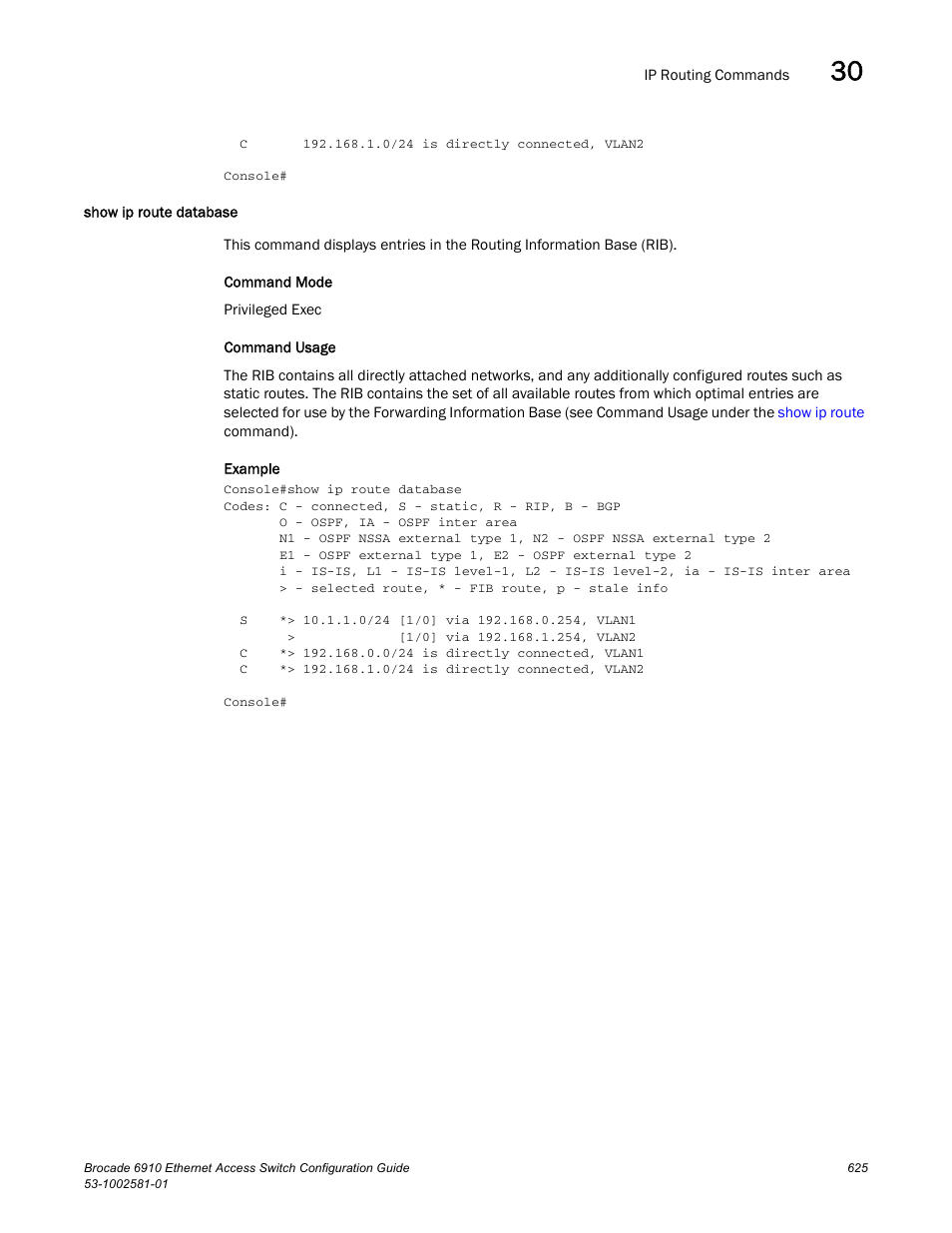 Show ip route database | Brocade Communications Systems Brocate Ethernet Access Switch 6910 User Manual | Page 675 / 1200